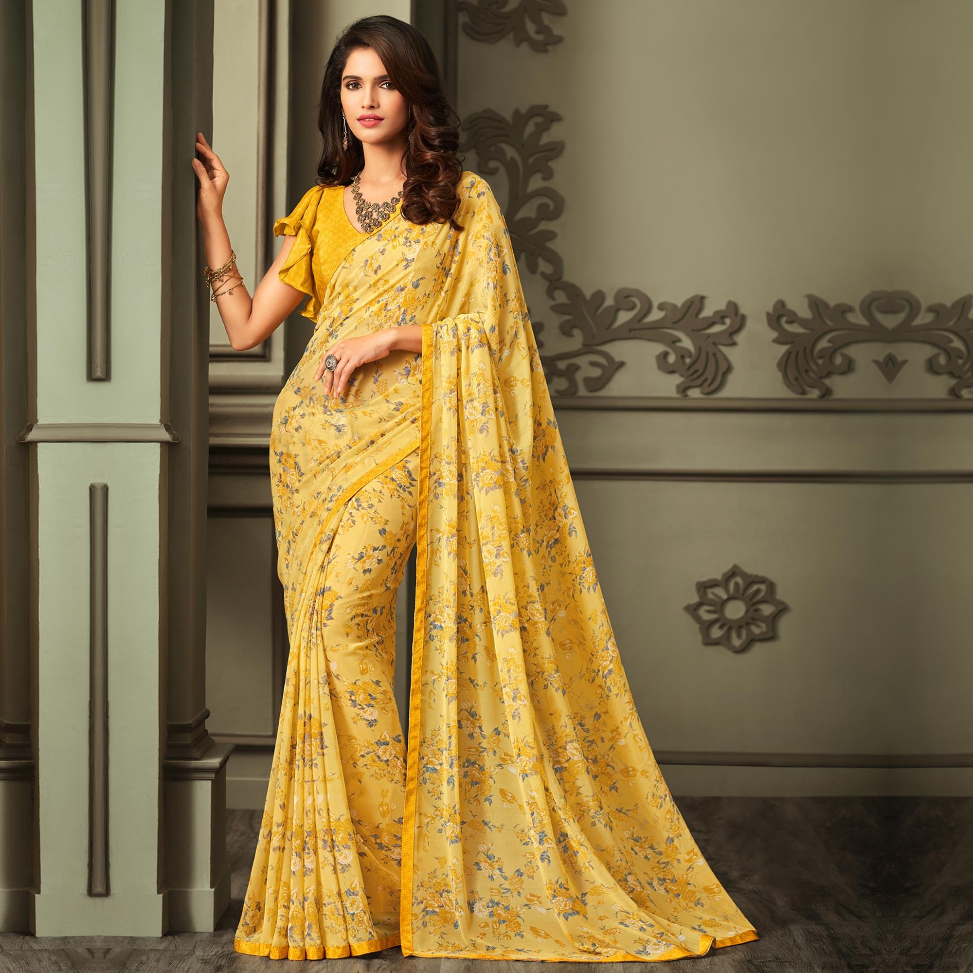 Innovative Yellow Colored Casual Floral Printed Georgette Saree - Peachmode