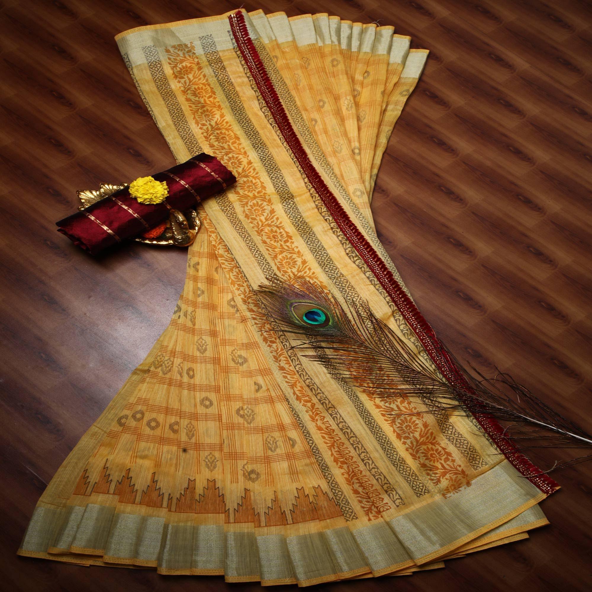 Innovative Yellow Colored Casual Wear Printed Cotton Saree - Peachmode