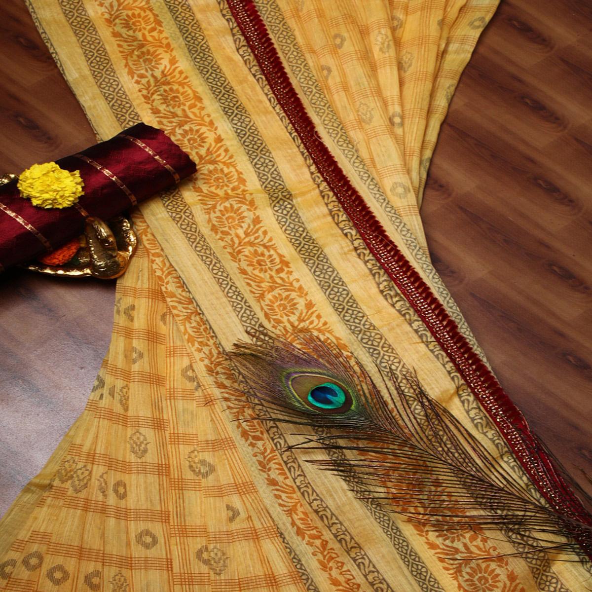 Innovative Yellow Colored Casual Wear Printed Cotton Saree - Peachmode