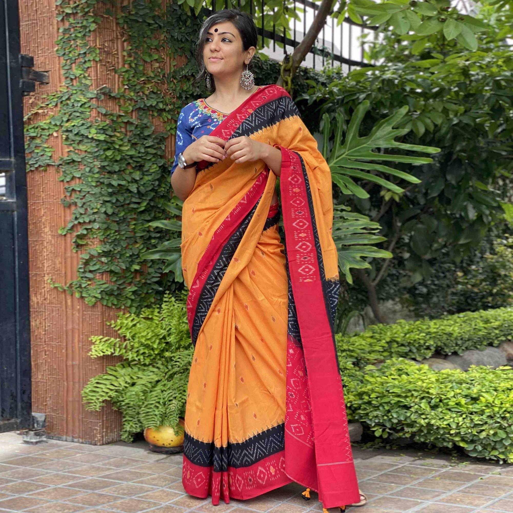 Innovative Yellow Colored Casual Wear Printed Silk Saree - Peachmode