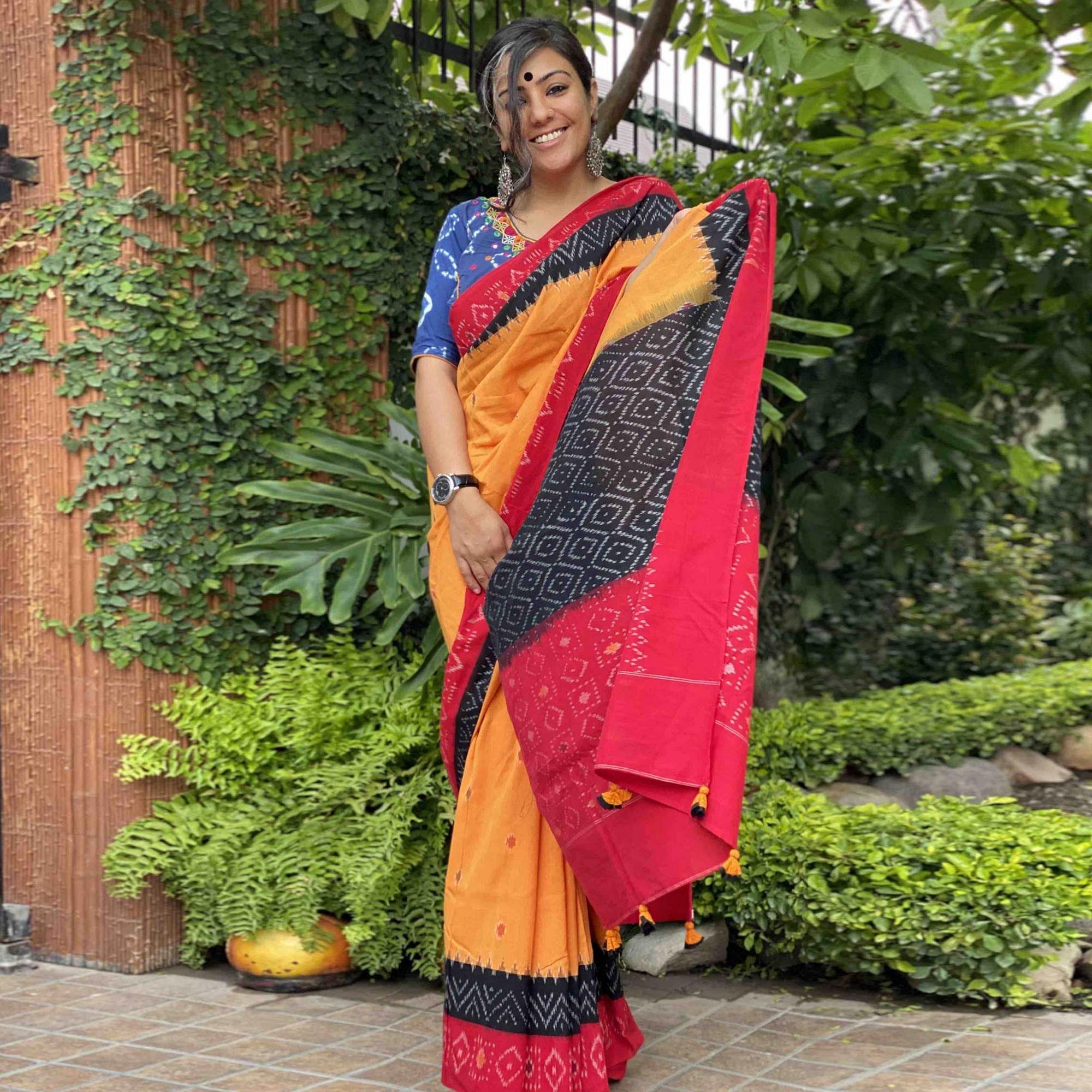 Innovative Yellow Colored Casual Wear Printed Silk Saree - Peachmode