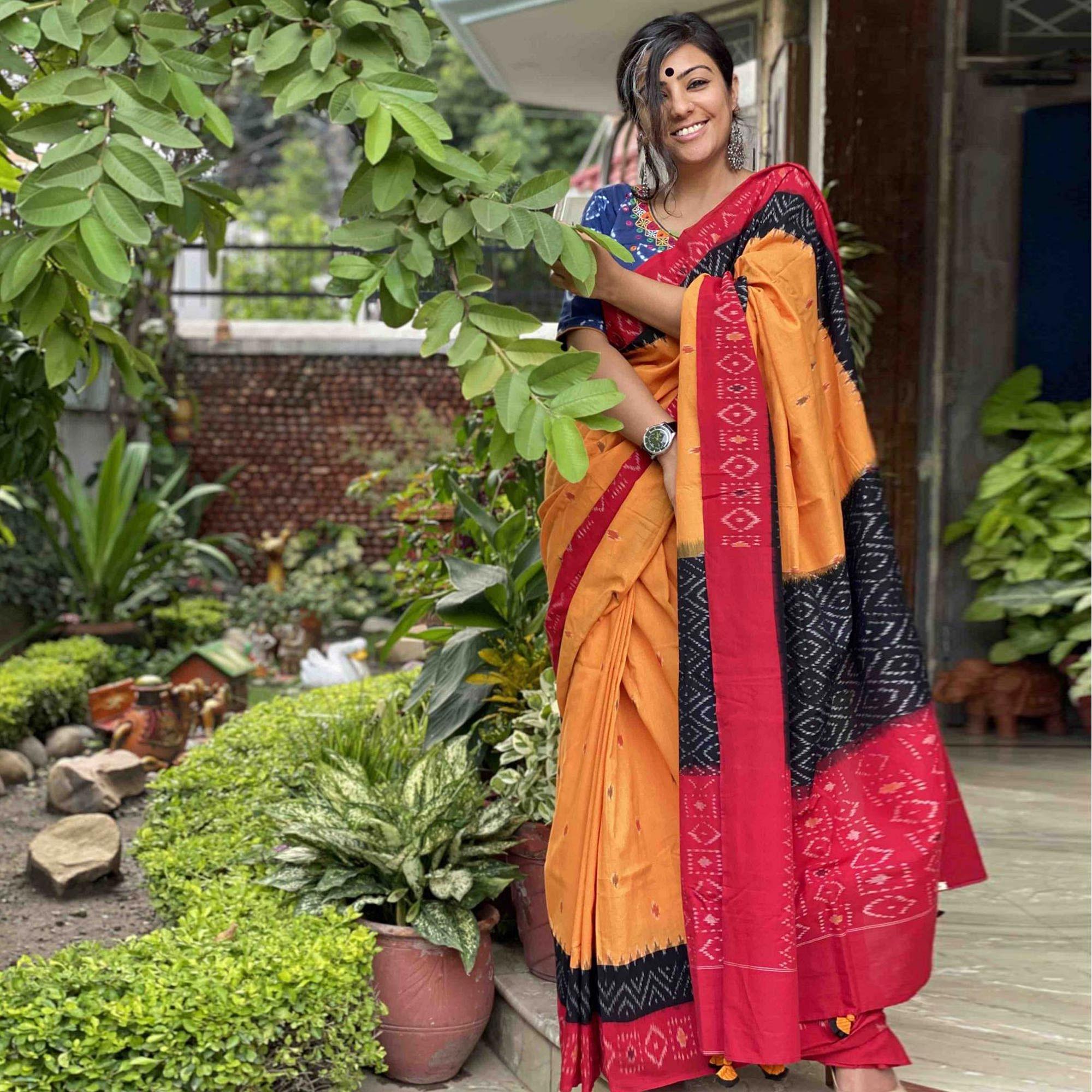Innovative Yellow Colored Casual Wear Printed Silk Saree - Peachmode