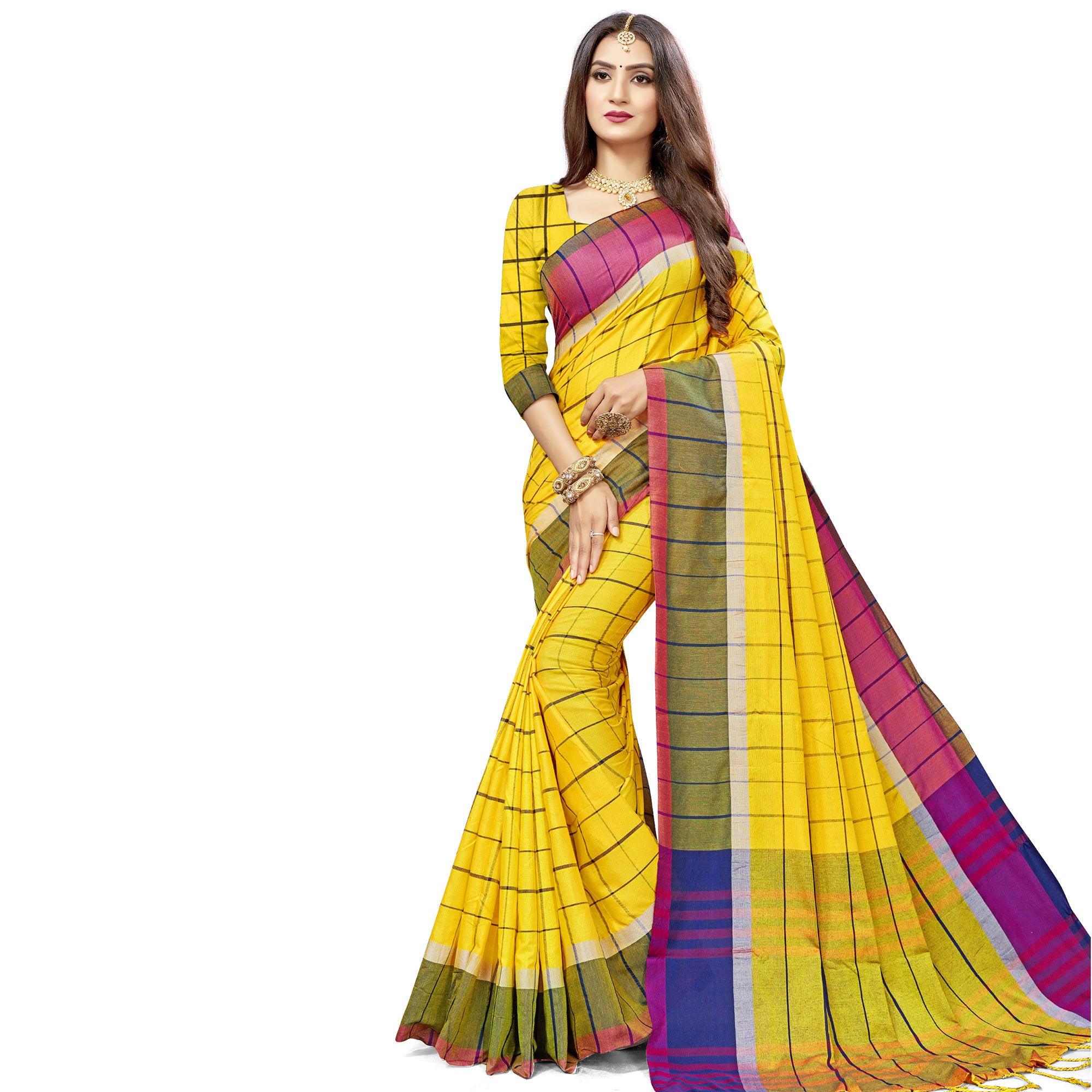 Innovative Yellow Colored Festive Wear Stripe Printed Cotton Silk Saree With Tassels - Peachmode