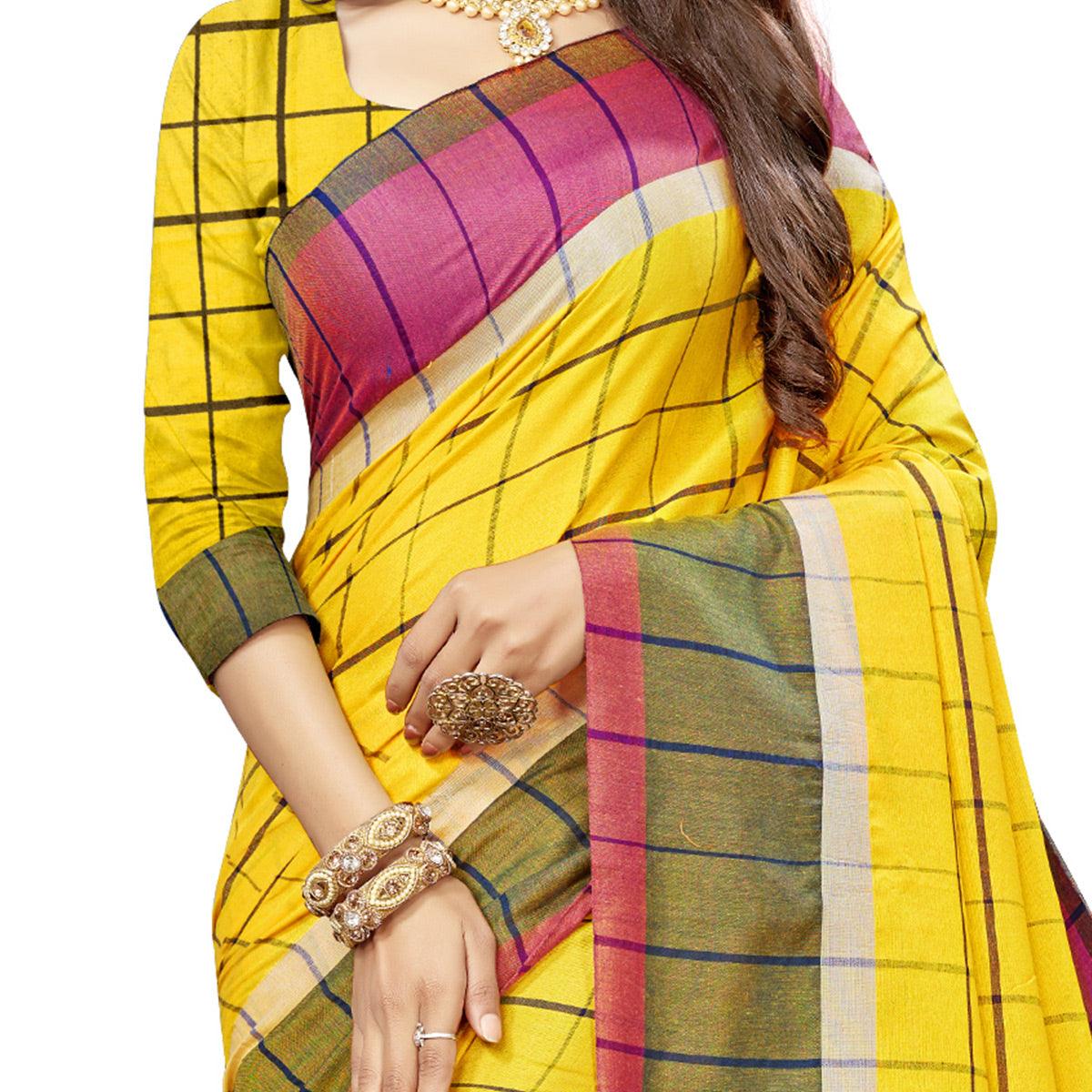Innovative Yellow Colored Festive Wear Stripe Printed Cotton Silk Saree With Tassels - Peachmode