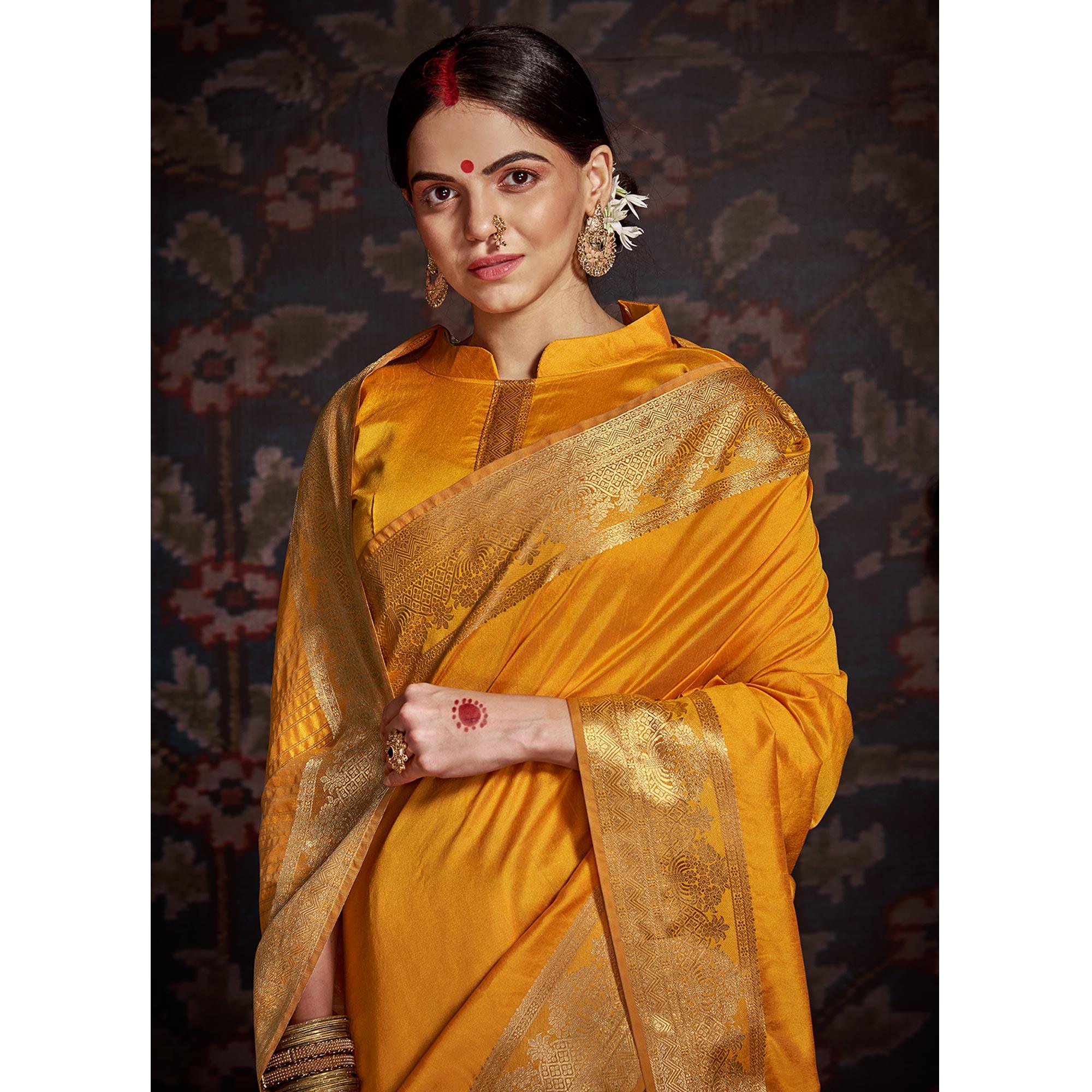 Innovative Yellow Colored Festive Wear Woven Silk Saree - Peachmode