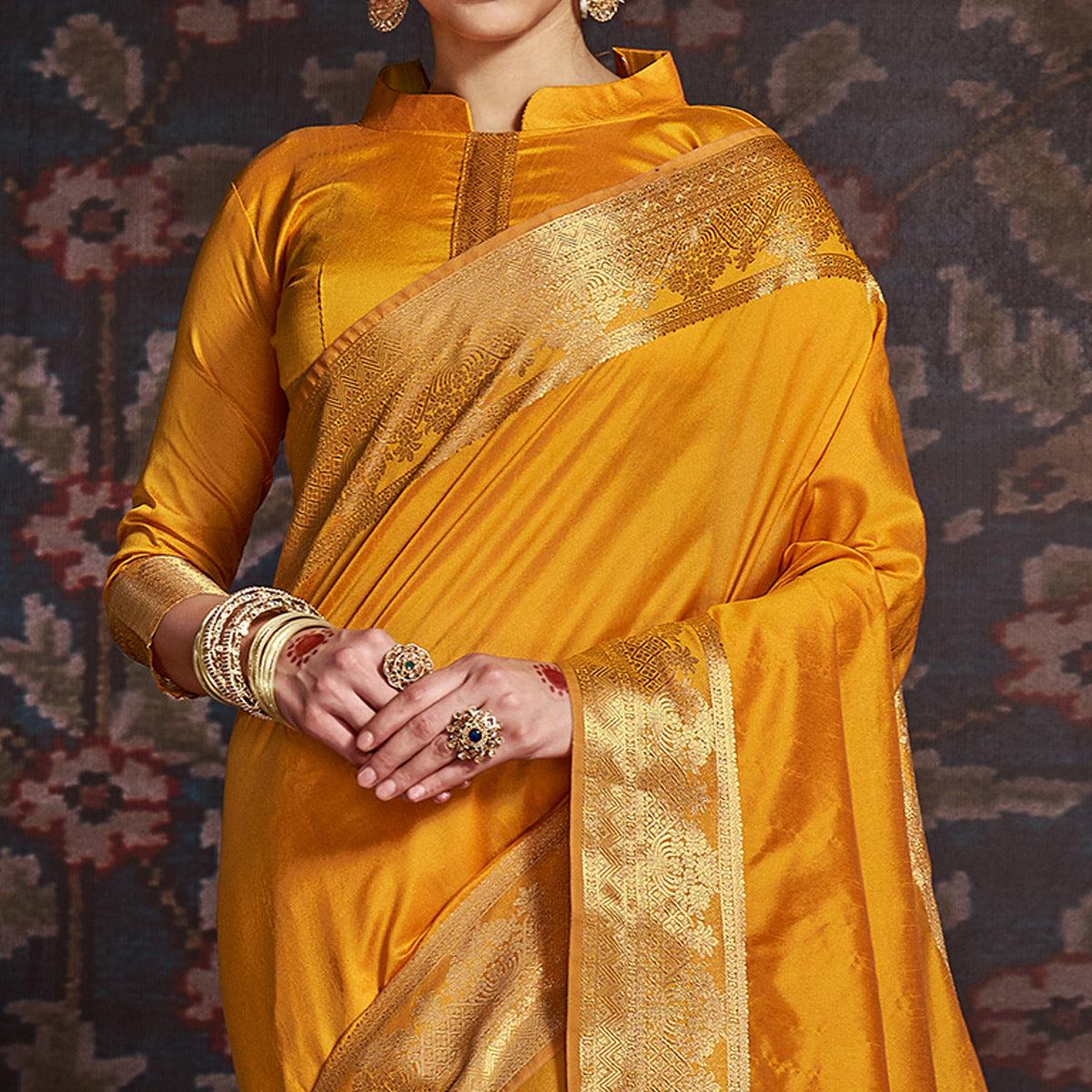 Innovative Yellow Colored Festive Wear Woven Silk Saree - Peachmode