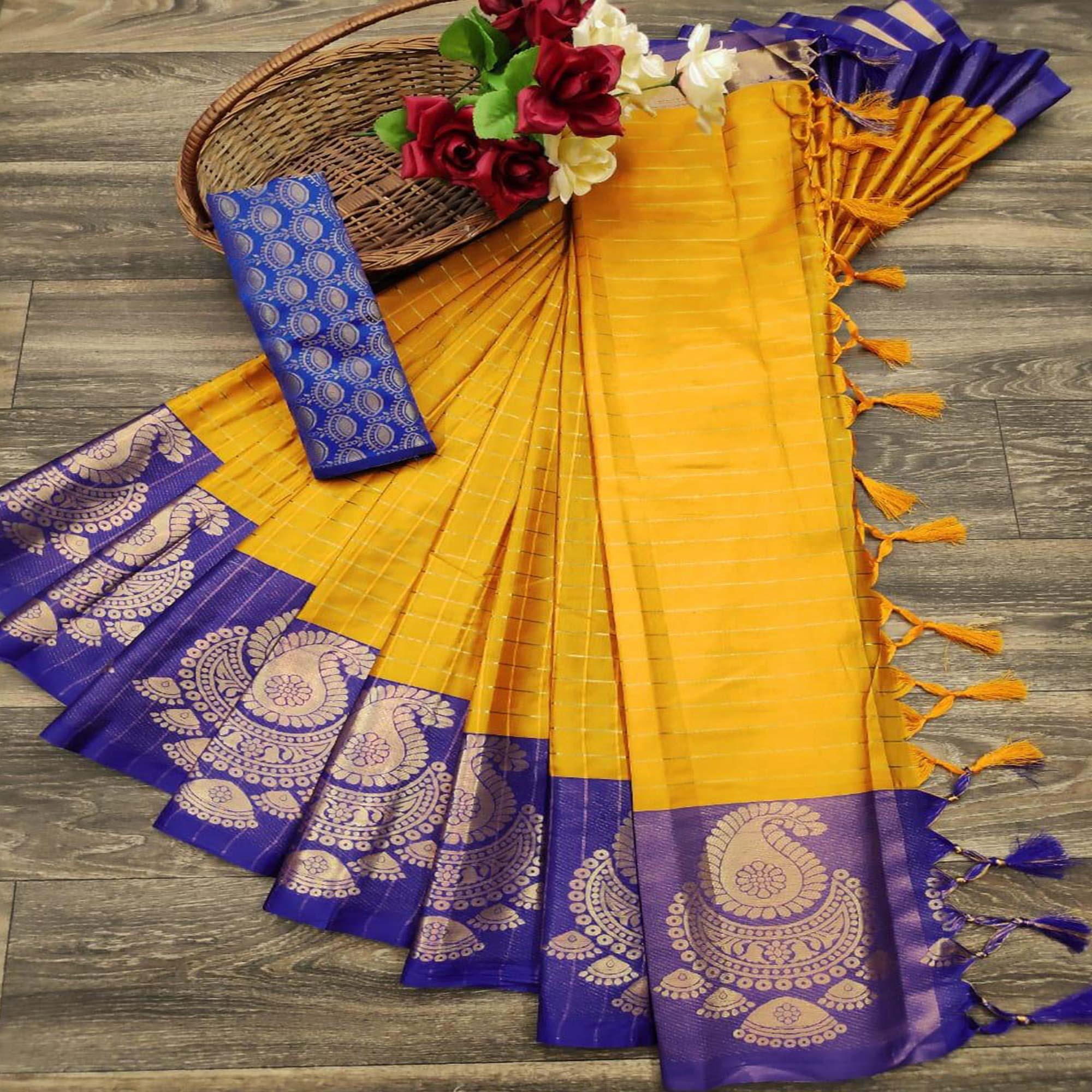 Innovative Yellow Colored Festive Wear Woven Soft Cotton Silk Saree - Peachmode
