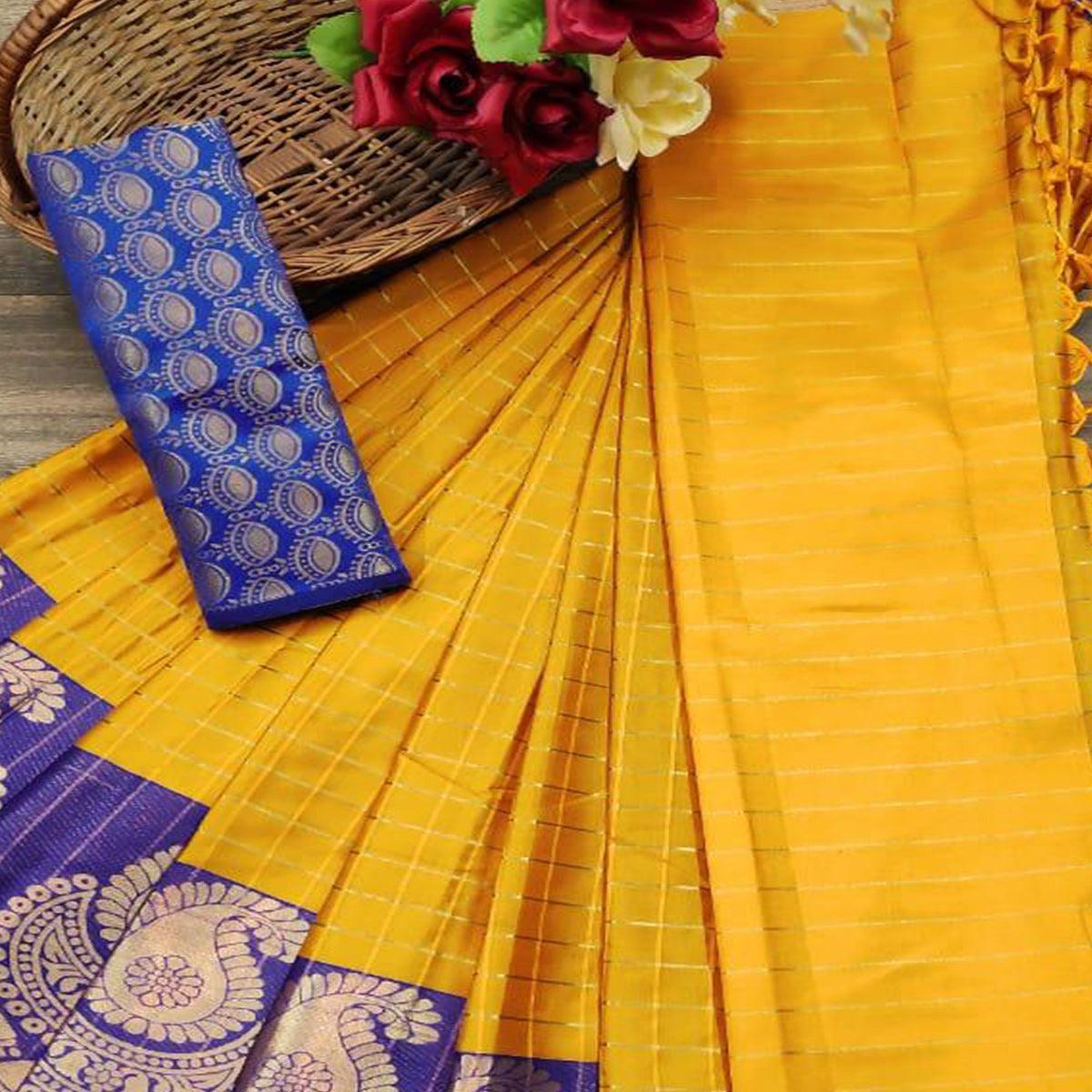 Innovative Yellow Colored Festive Wear Woven Soft Cotton Silk Saree - Peachmode