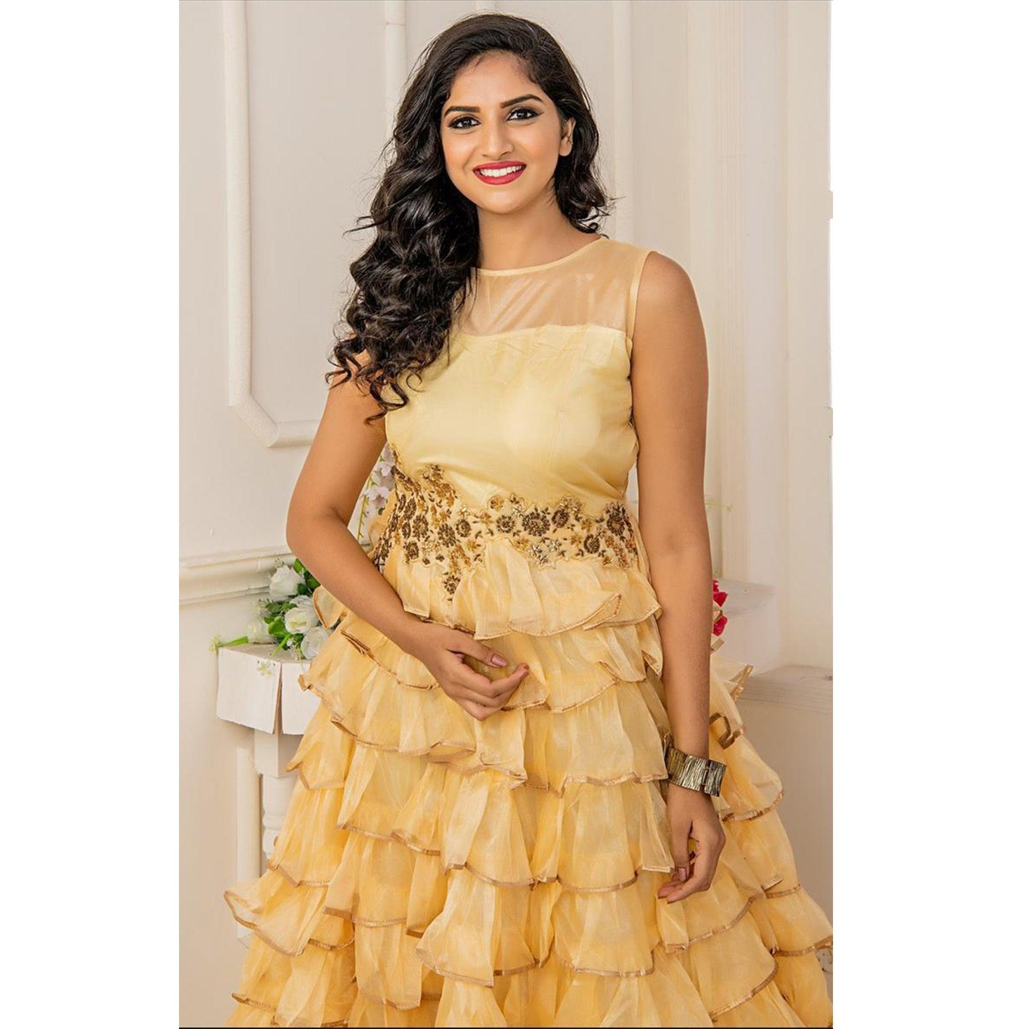 Innovative Yellow Colored Party Wear Embroidered Soft Net Anarkali Style Gown - Peachmode