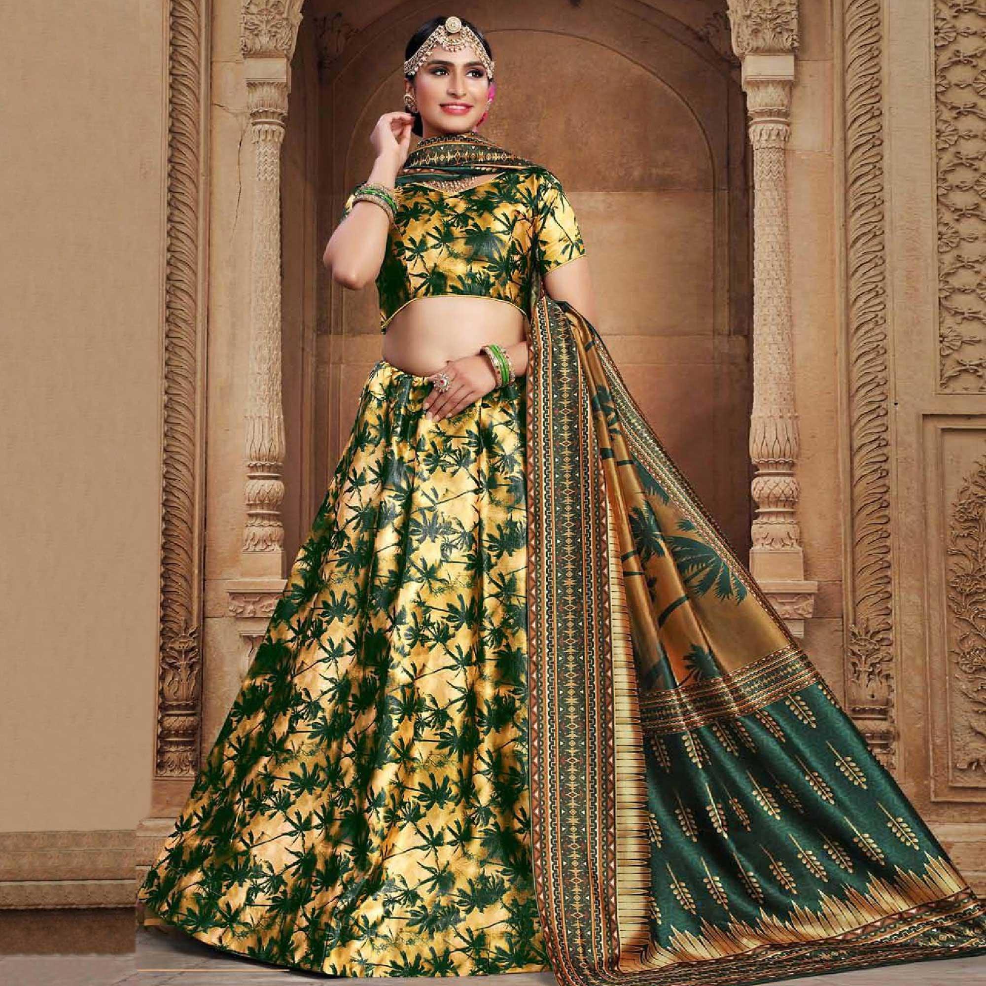Innovative Yellow - Green Colored Wedding Wear Printed Art Silk Lehenga Choli - Peachmode