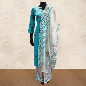 Intricate Aqua Blue Colored Partywear Handwork Cotton Kurti-Palazzo Set With Dupatta - Peachmode