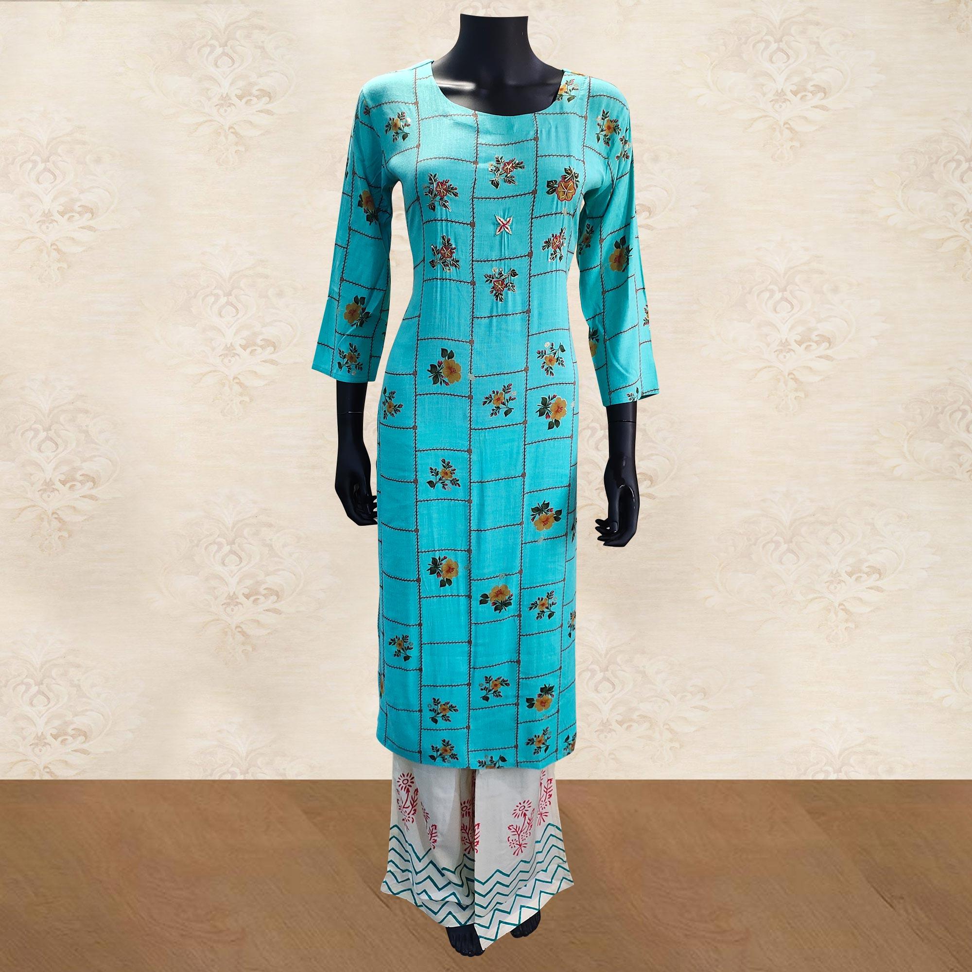 Intricate Aqua Blue Colored Partywear Handwork Cotton Kurti-Palazzo Set With Dupatta - Peachmode