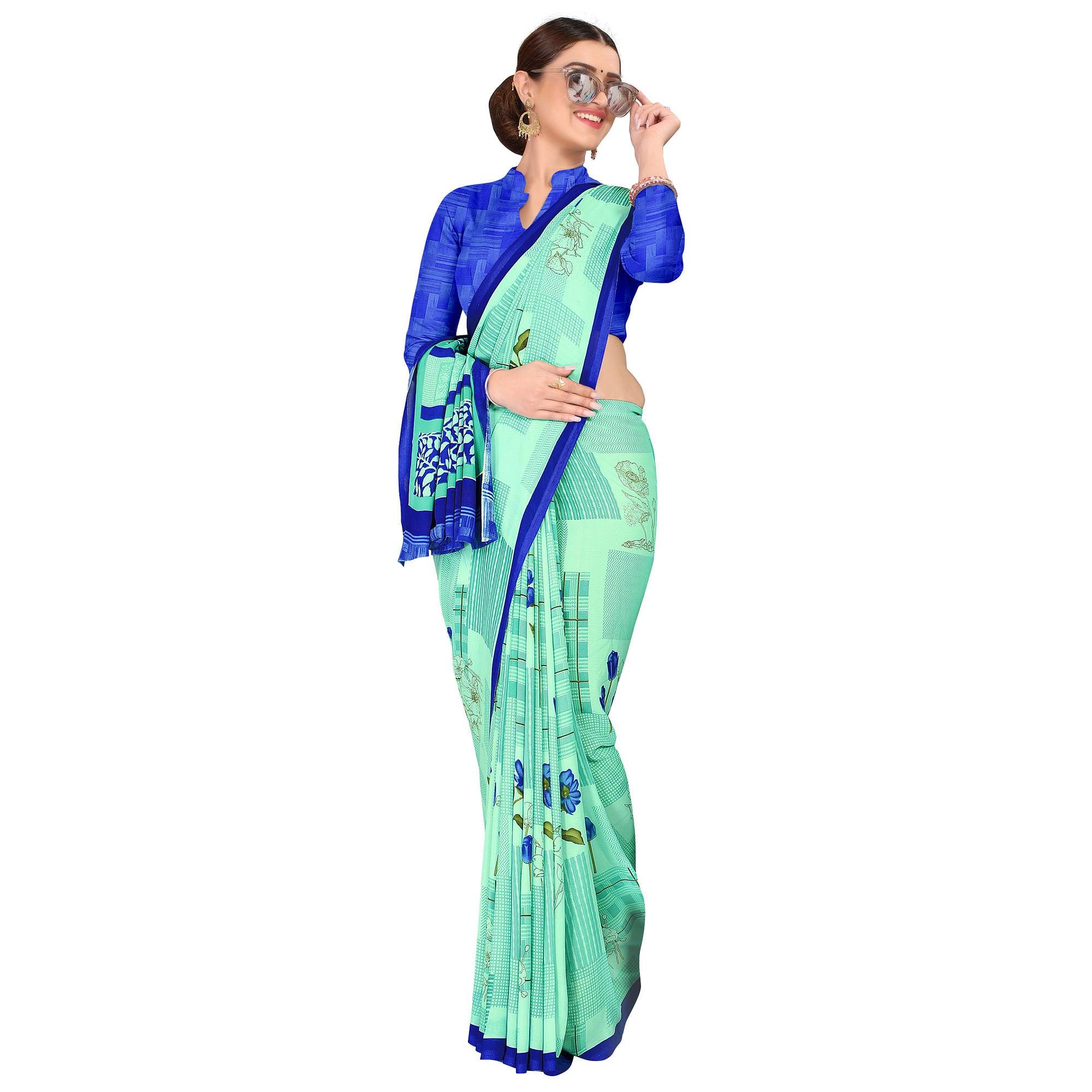 Intricate Aqua Green Colored Casual Wear Printed Georgette Saree - Peachmode
