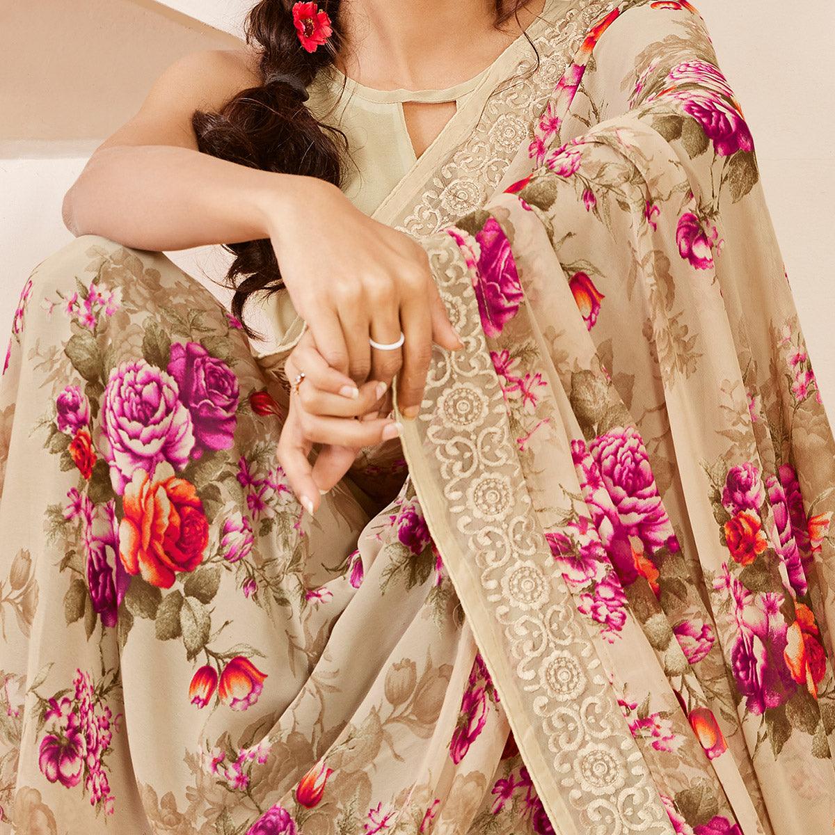 Intricate Beige Colored Casual Wear Floral Printed Georgette Saree - Peachmode