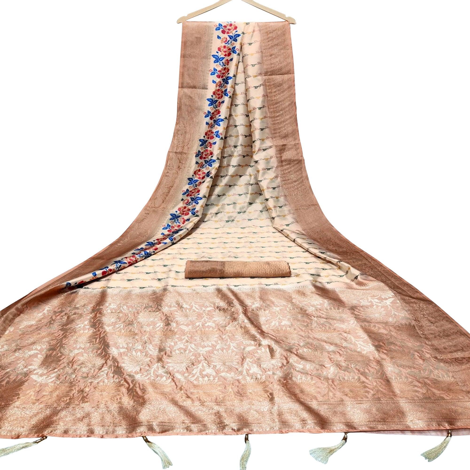 Intricate Beige Colored Festive Wear Digital Printed Silk Saree - Peachmode