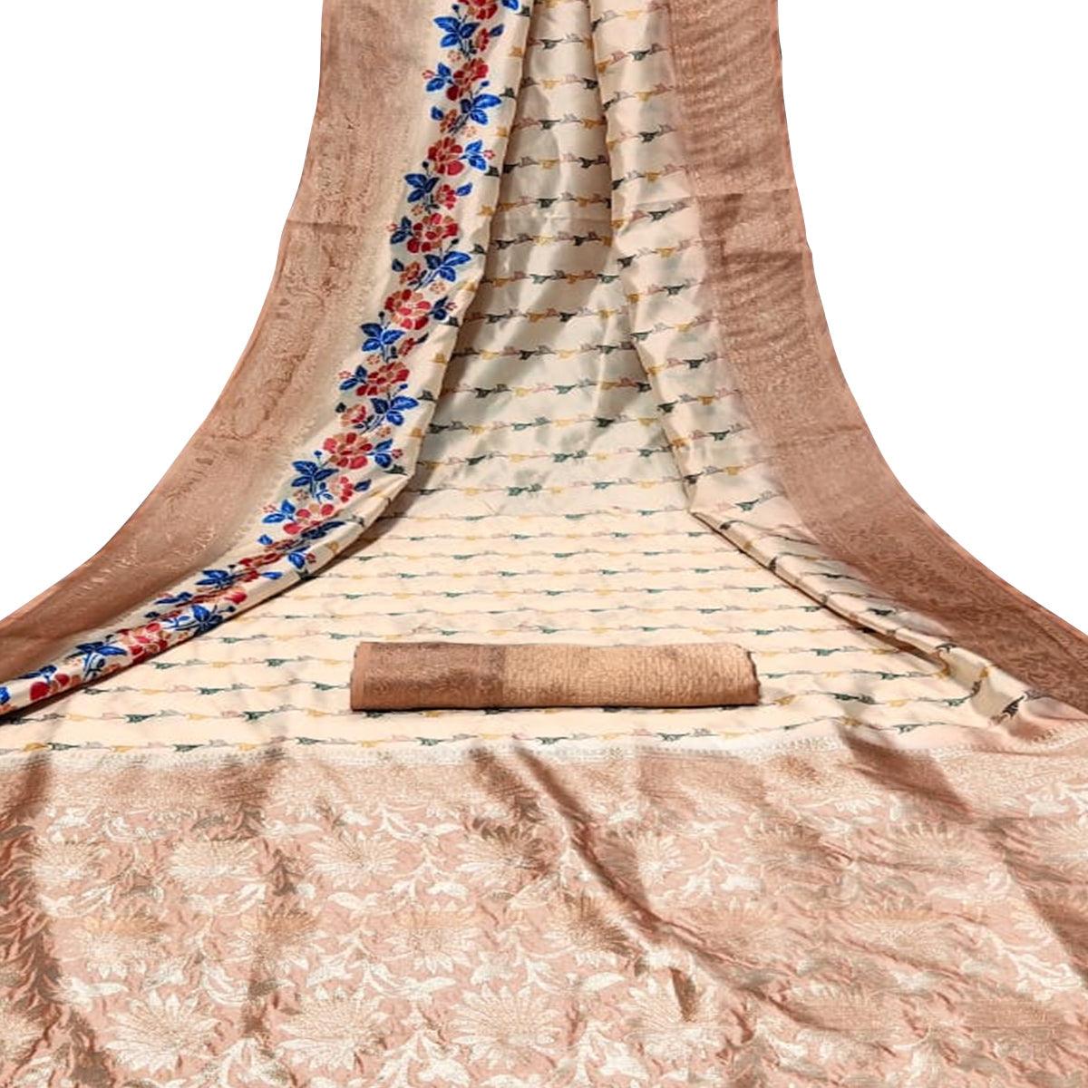 Intricate Beige Colored Festive Wear Digital Printed Silk Saree - Peachmode