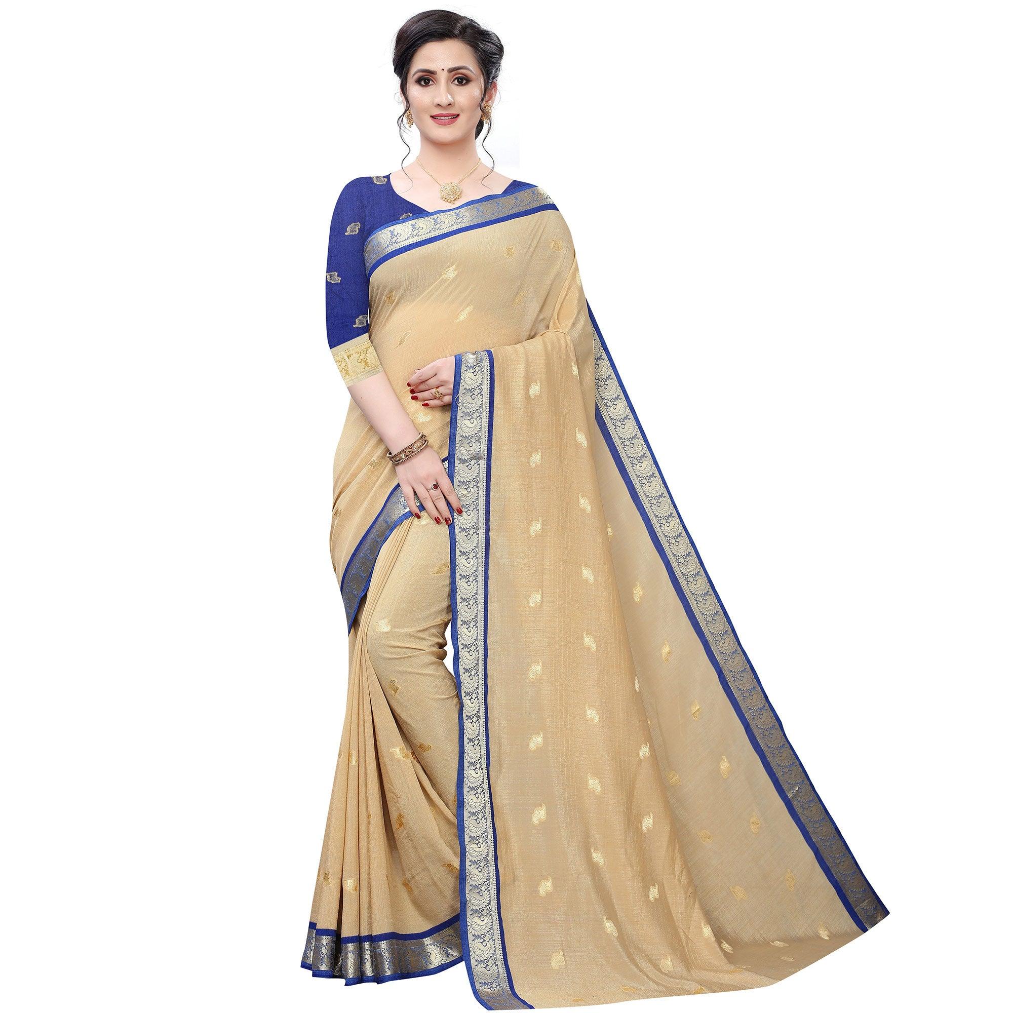 Intricate Beige Colored Festive Wear Woven Vichitra Silk Saree - Peachmode