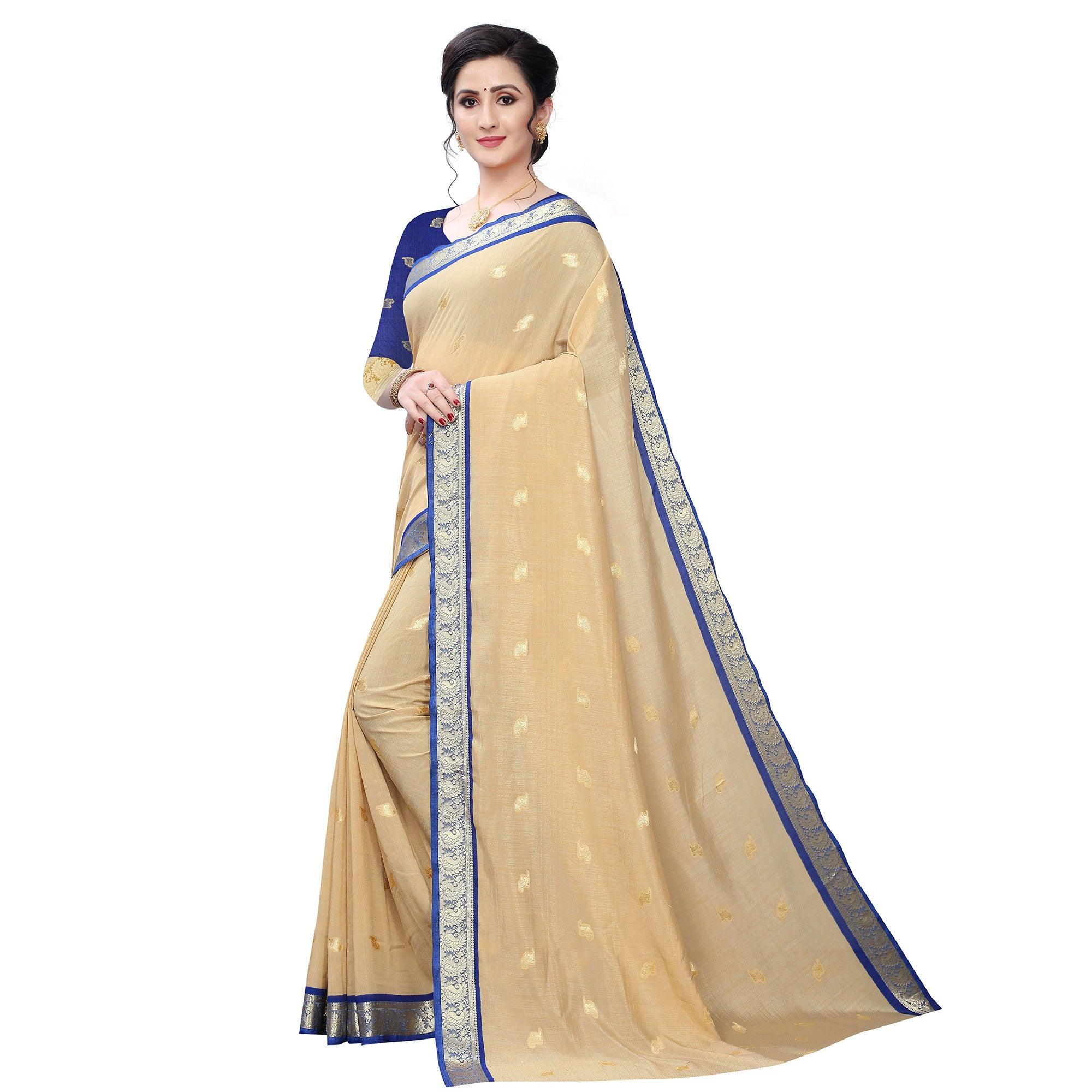 Intricate Beige Colored Festive Wear Woven Vichitra Silk Saree - Peachmode
