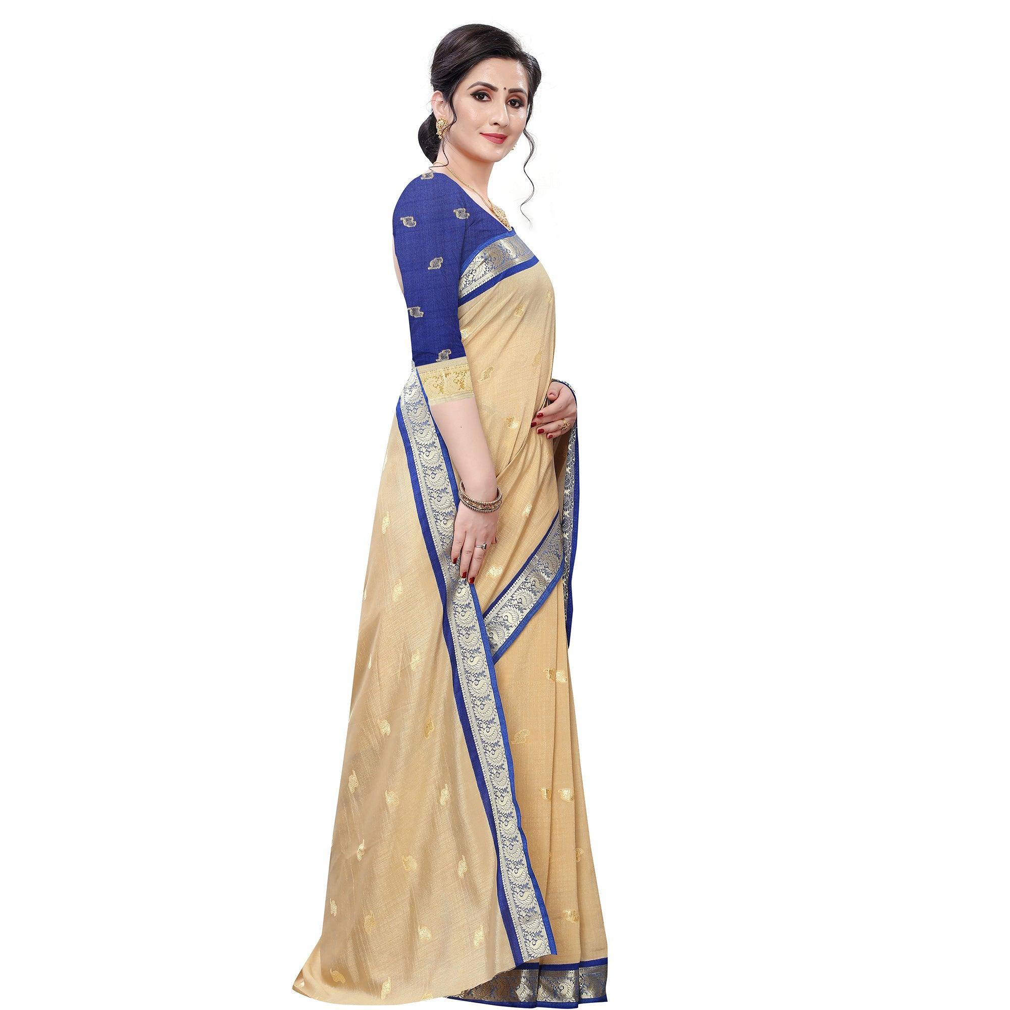 Intricate Beige Colored Festive Wear Woven Vichitra Silk Saree - Peachmode