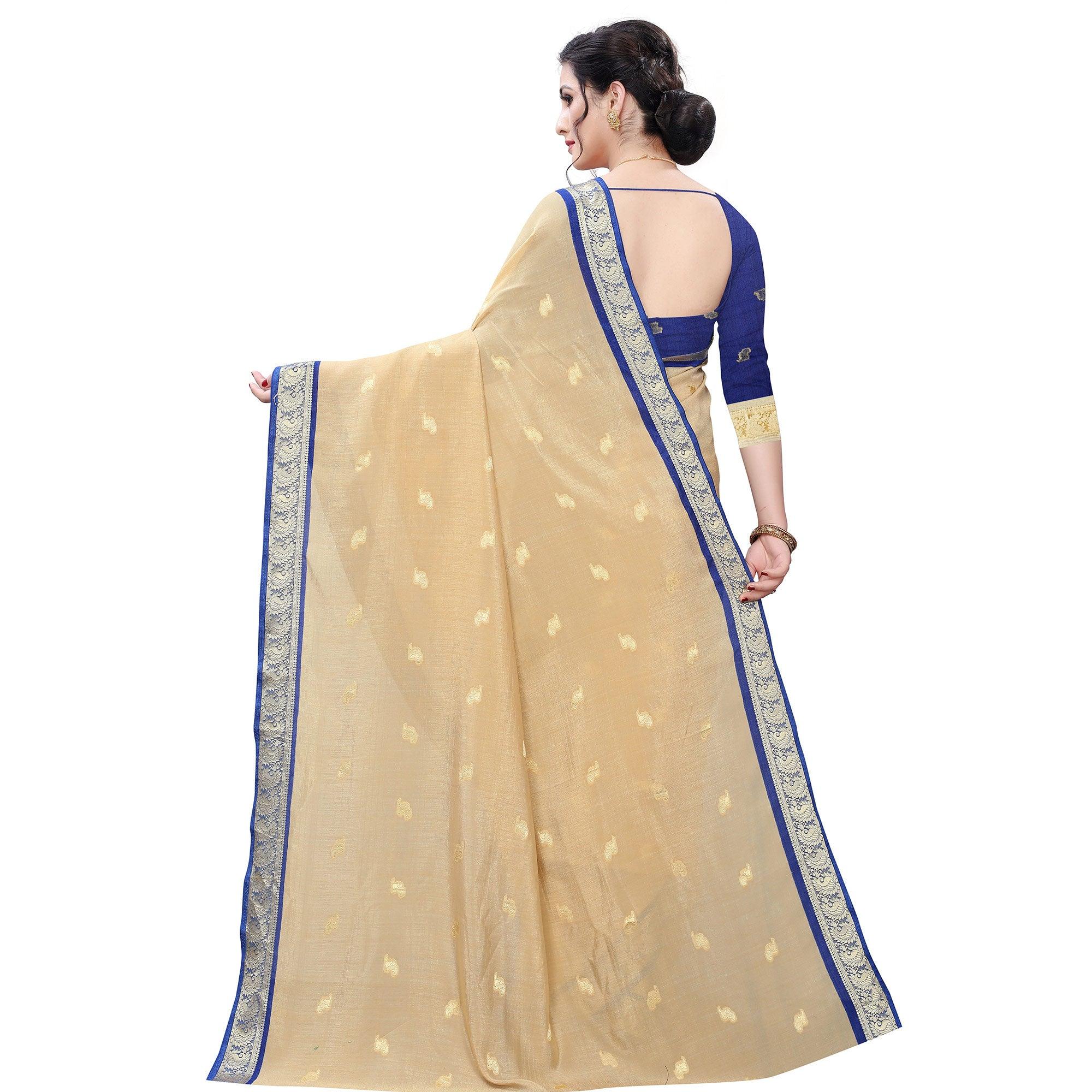 Intricate Beige Colored Festive Wear Woven Vichitra Silk Saree - Peachmode