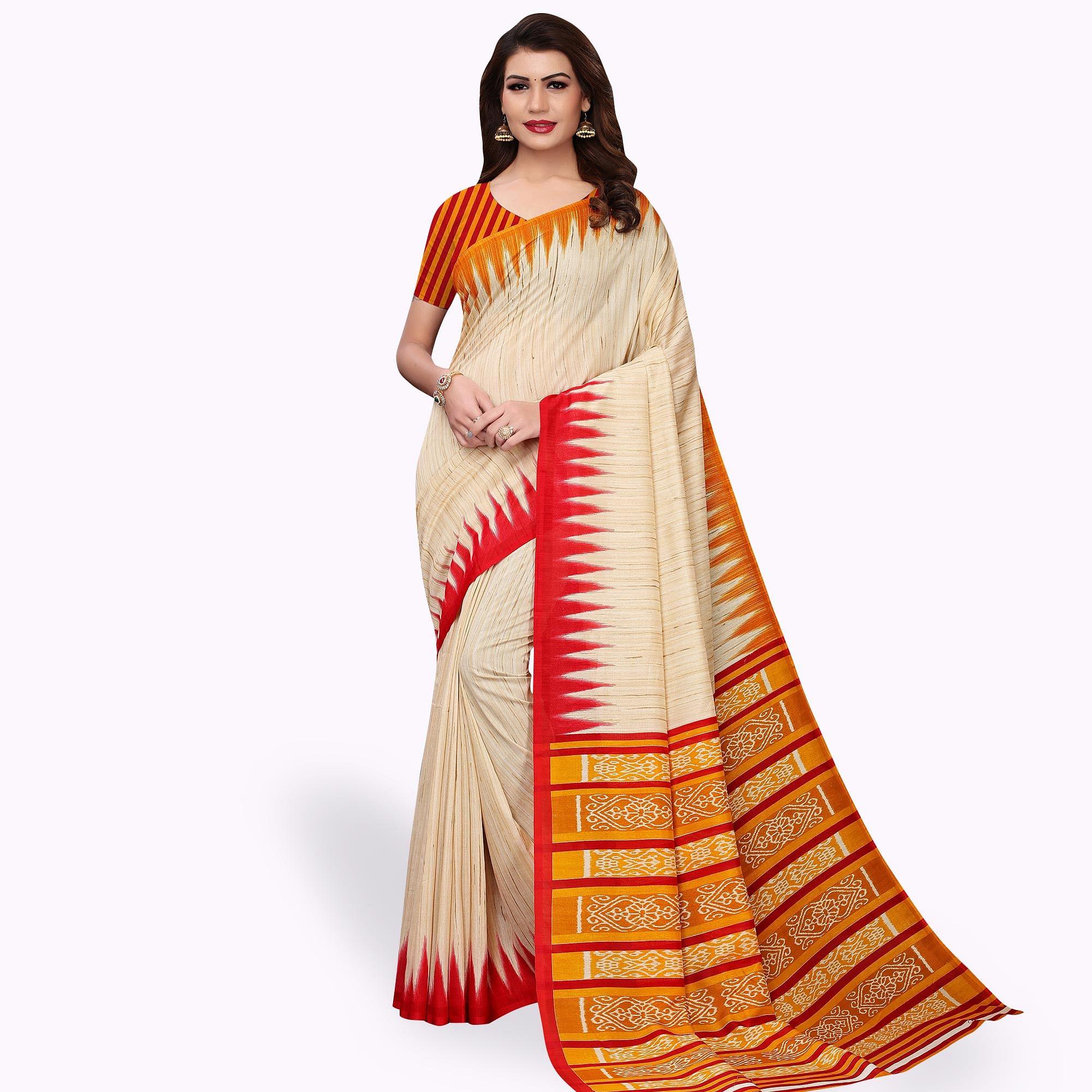 Intricate Beige - Yellow Colored Casual Wear Printed Art Silk Saree - Peachmode
