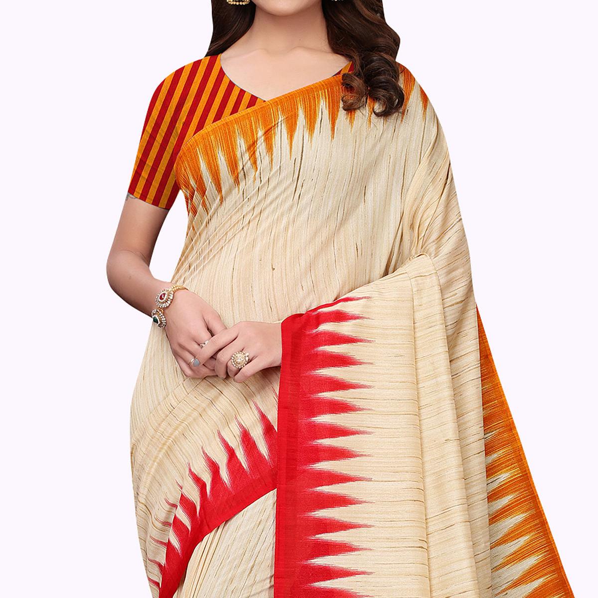 Intricate Beige - Yellow Colored Casual Wear Printed Art Silk Saree - Peachmode