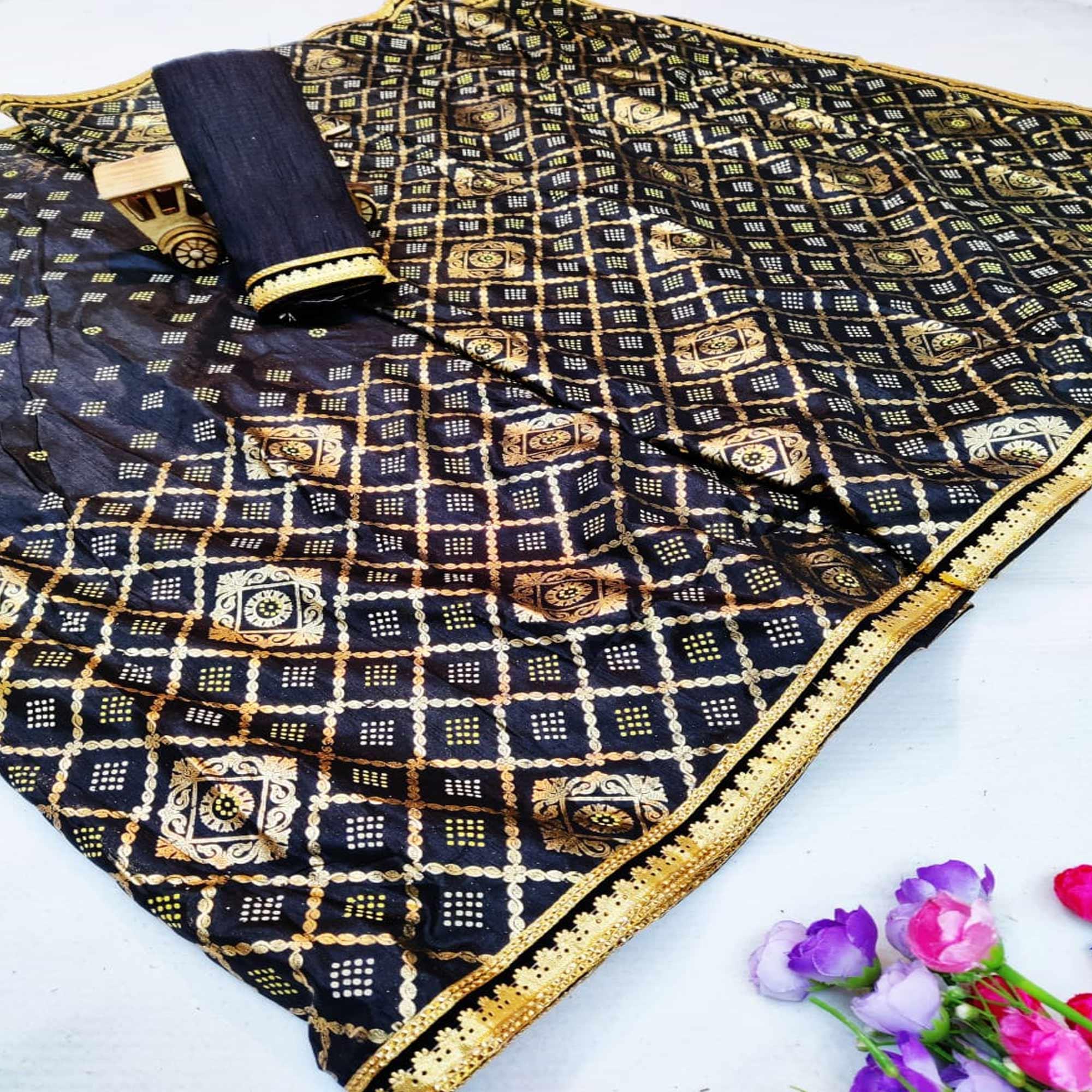 Intricate Black Colored Festive Wear Foil Printed Dola Silk Saree - Peachmode