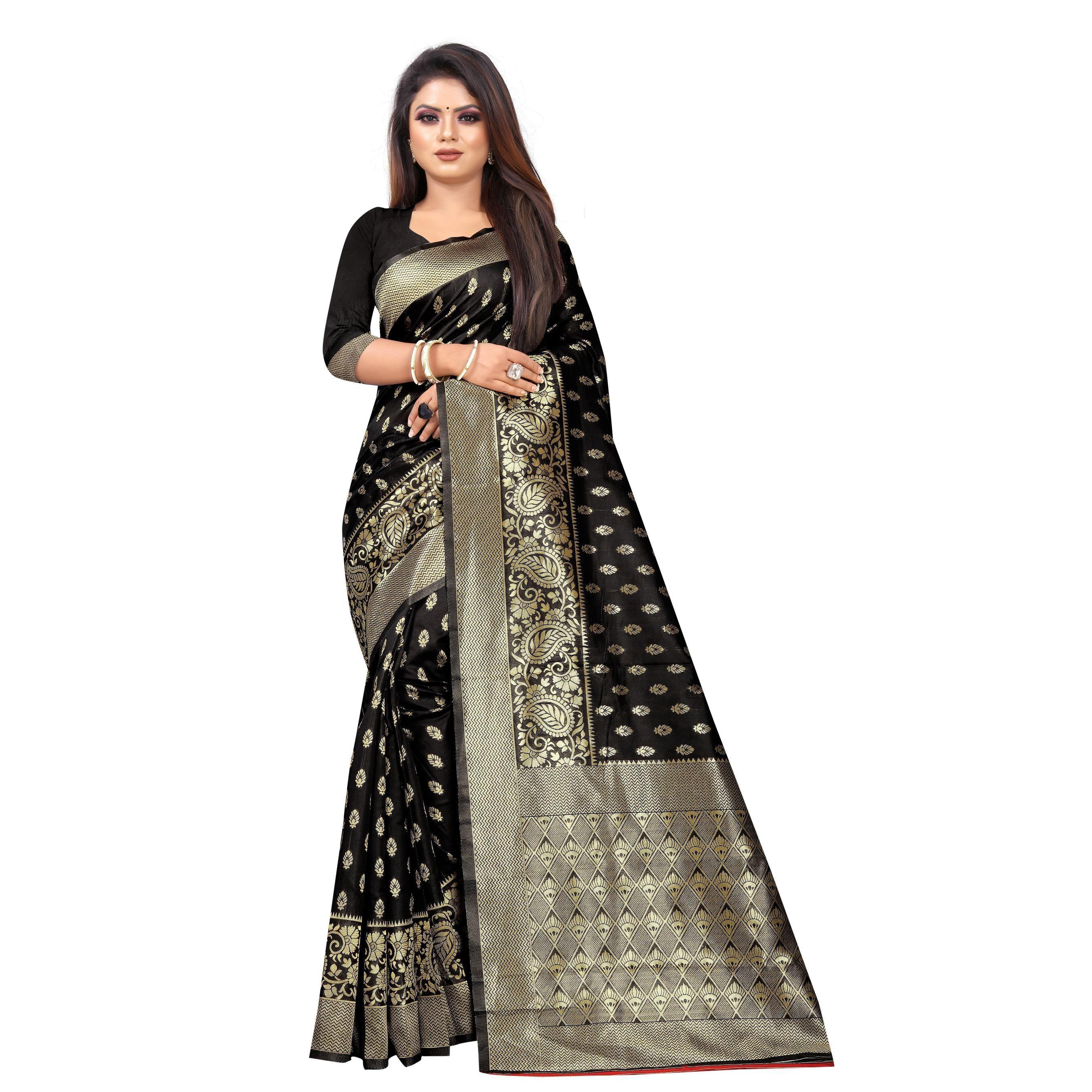 Intricate Black Colored Festive Wear Woven Lichi Silk Saree - Peachmode