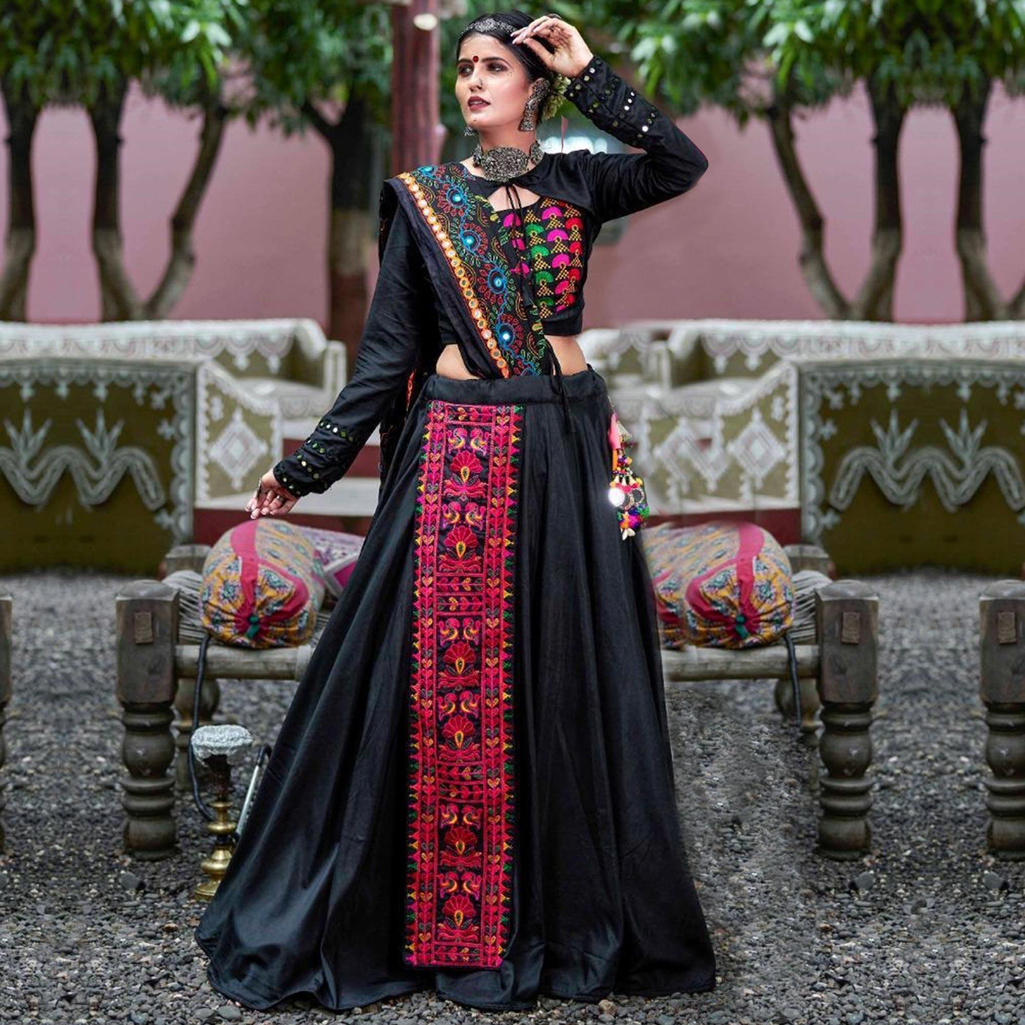 Intricate Black Colored Party Wear Embroidered Soft Cotton Navratri Lehenga Choli - Peachmode