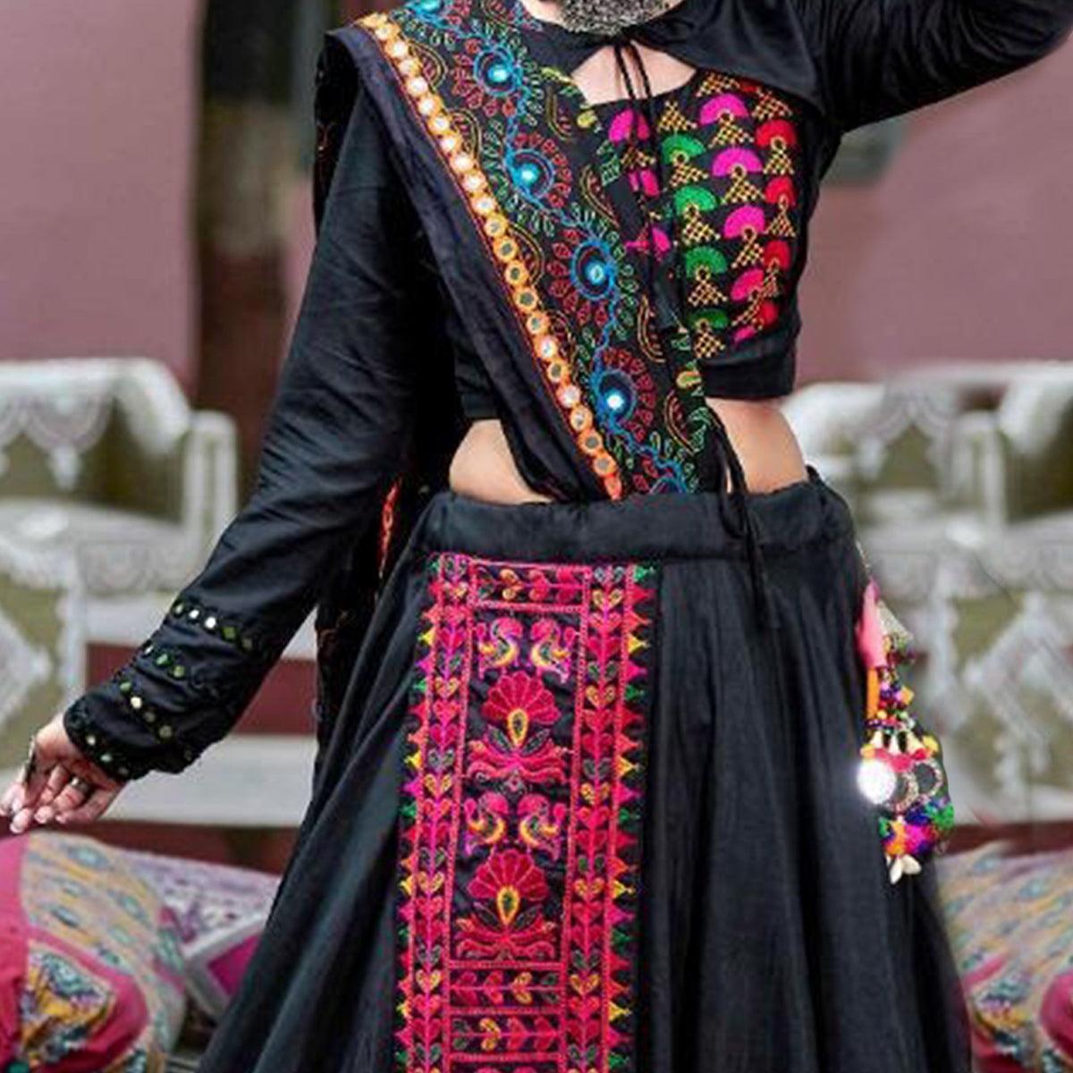 Intricate Black Colored Party Wear Embroidered Soft Cotton Navratri Lehenga Choli - Peachmode