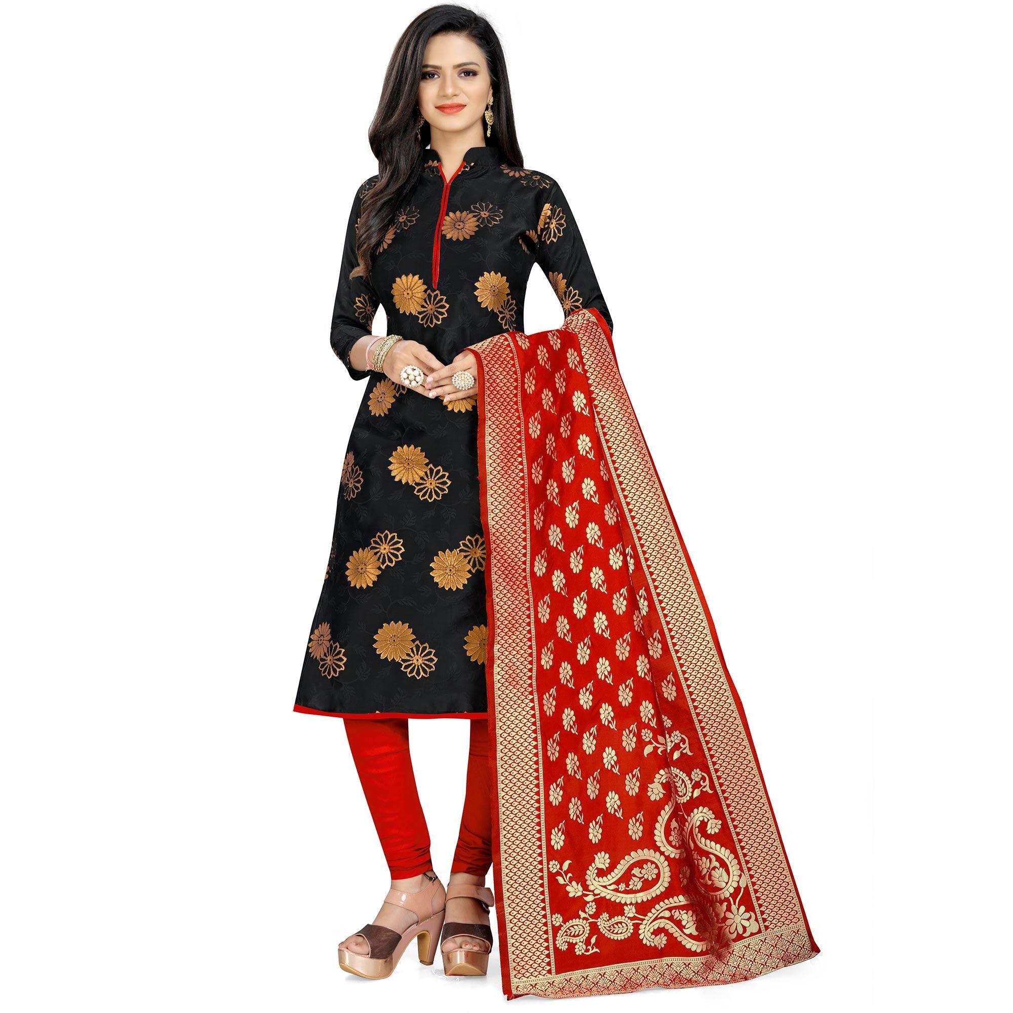 Intricate Black Colored Party Wear Woven Banarasi Silk Dress Material - Peachmode