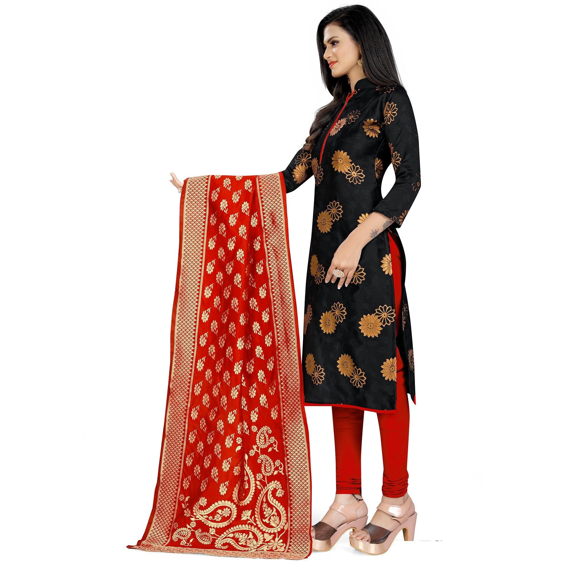 Intricate Black Colored Party Wear Woven Banarasi Silk Dress Material - Peachmode