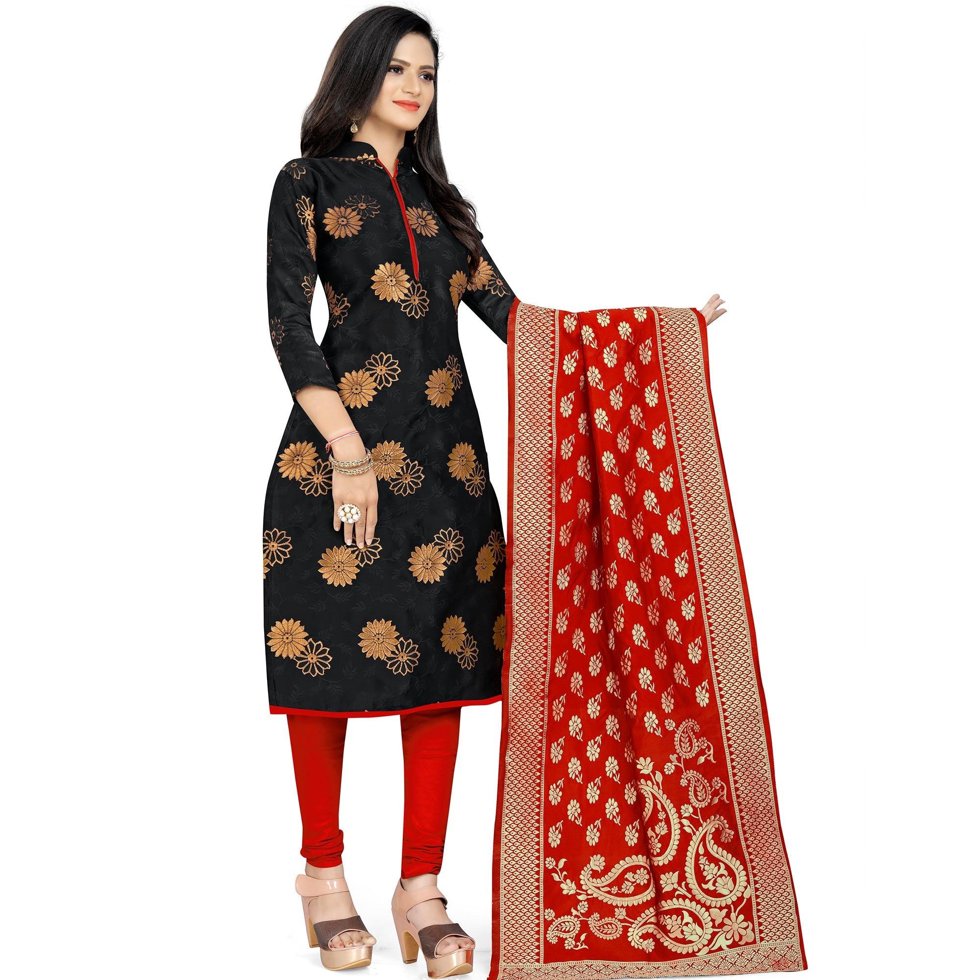 Intricate Black Colored Party Wear Woven Banarasi Silk Dress Material - Peachmode