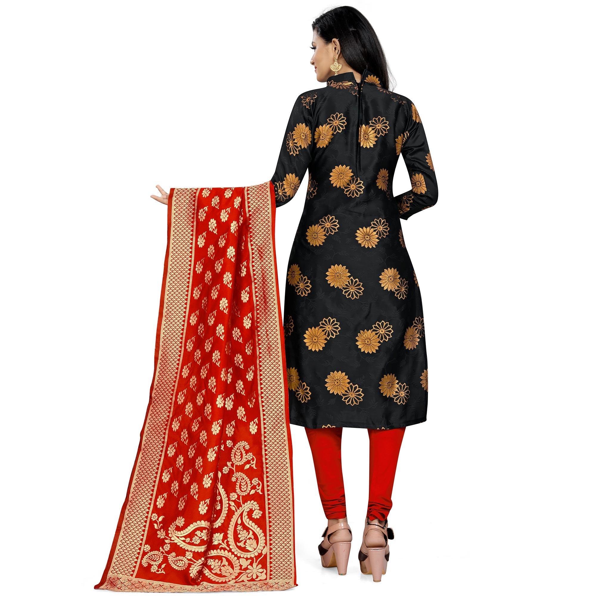 Intricate Black Colored Party Wear Woven Banarasi Silk Dress Material - Peachmode