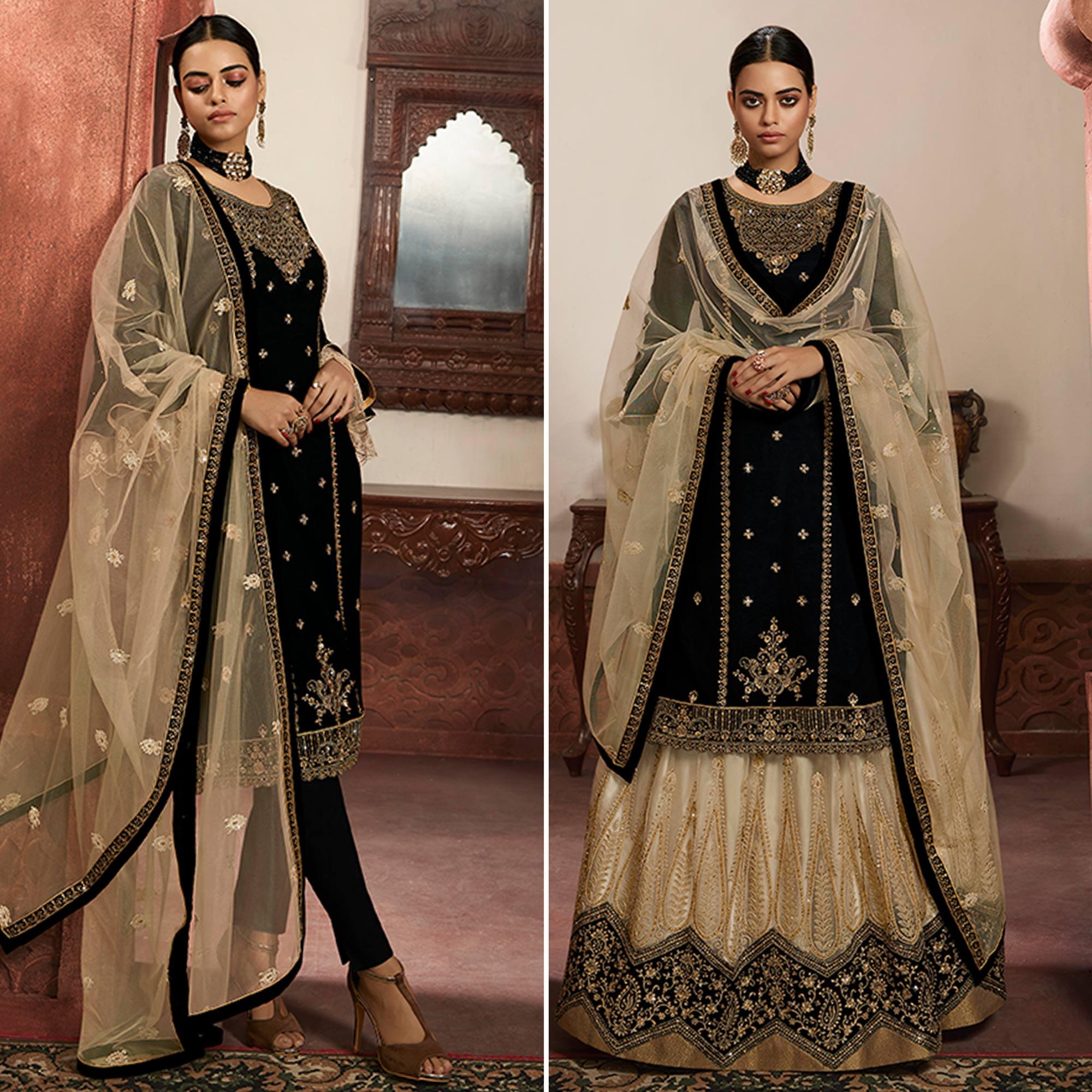 Intricate Black Colored Partywear Embroidered Georgette Dual Bottom Suit - Peachmode