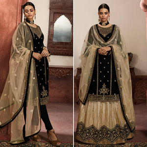 Intricate Black Colored Partywear Embroidered Georgette Dual Bottom Suit - Peachmode