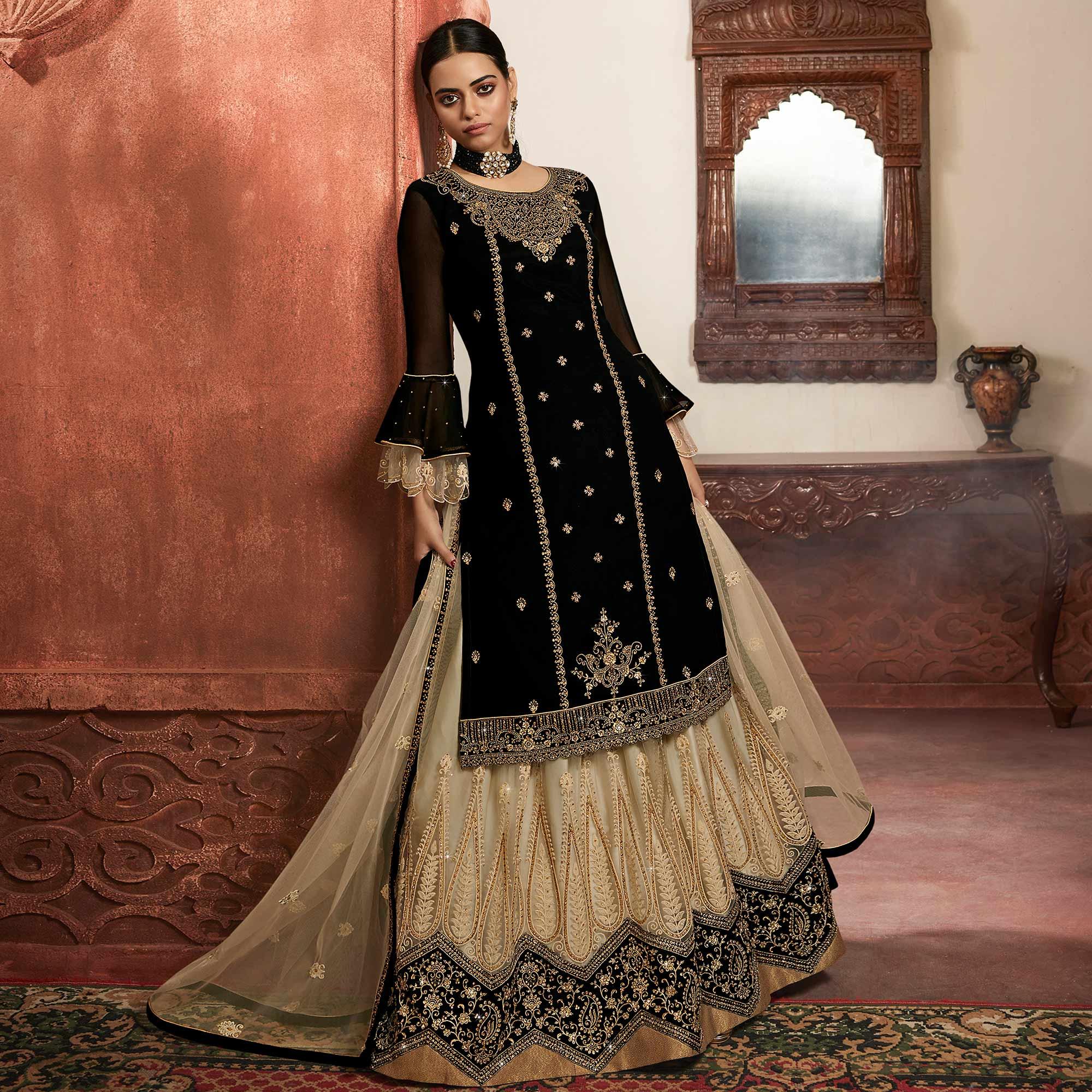 Intricate Black Colored Partywear Embroidered Georgette Dual Bottom Suit - Peachmode