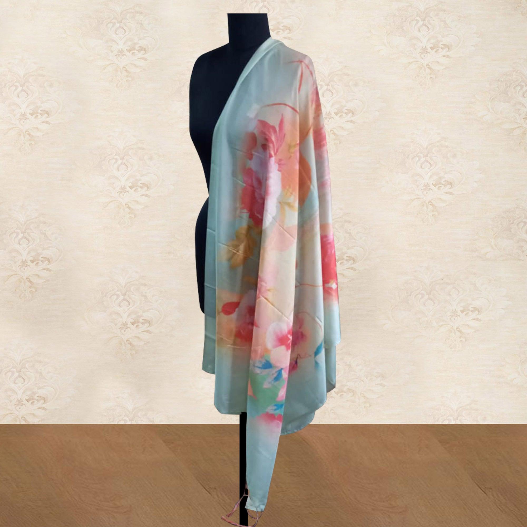 Intricate Blue Colored Casual Wear Floral Digital Printed Tussar Silk Dupatta With Tassels - Peachmode