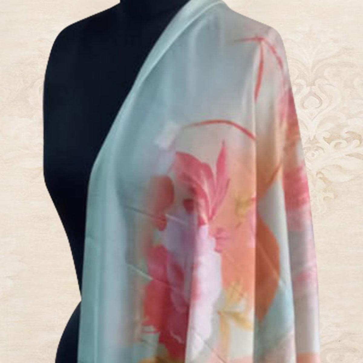 Intricate Blue Colored Casual Wear Floral Digital Printed Tussar Silk Dupatta With Tassels - Peachmode
