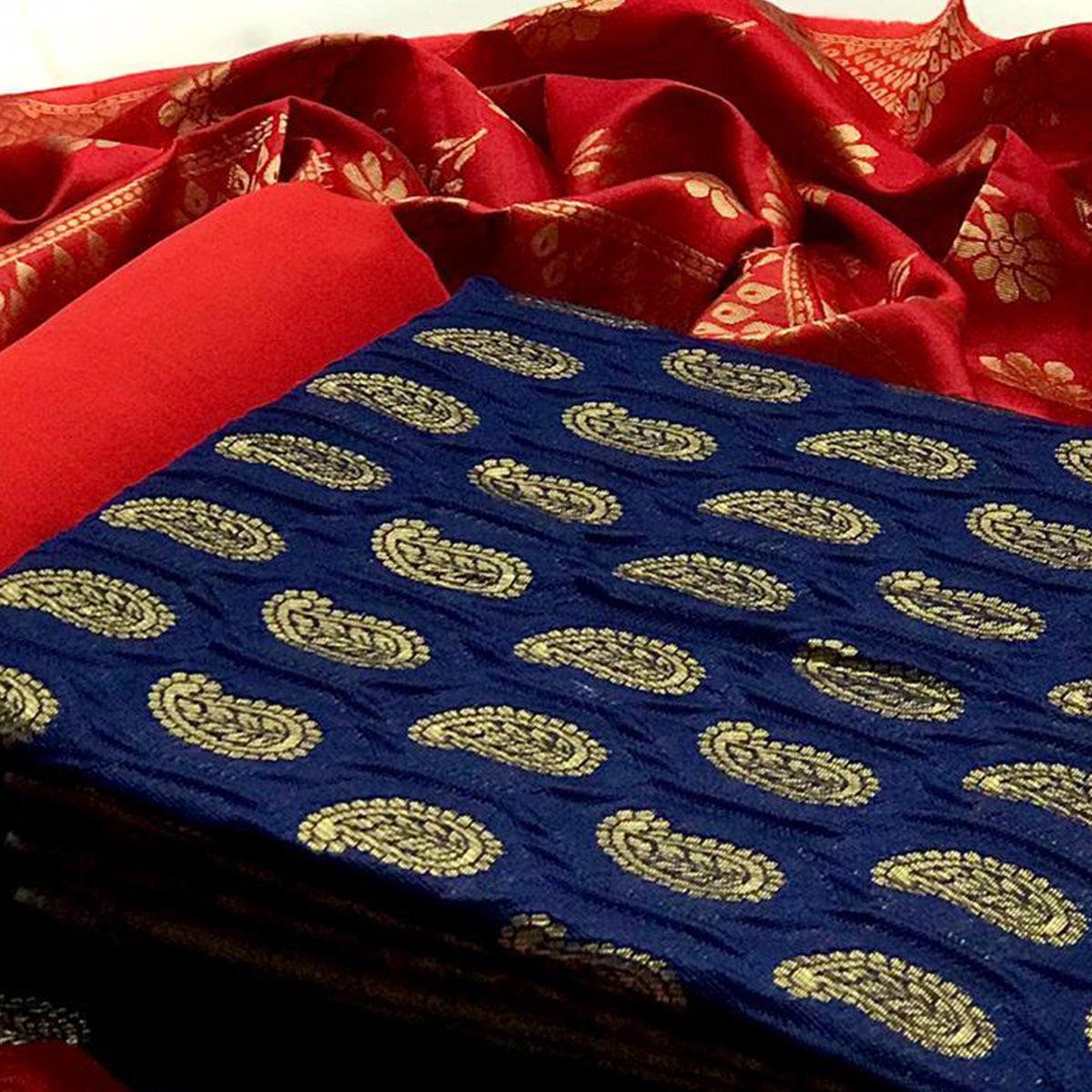 Intricate Blue Colored Casual Wear Woven Banarasi Silk Dress Material - Peachmode
