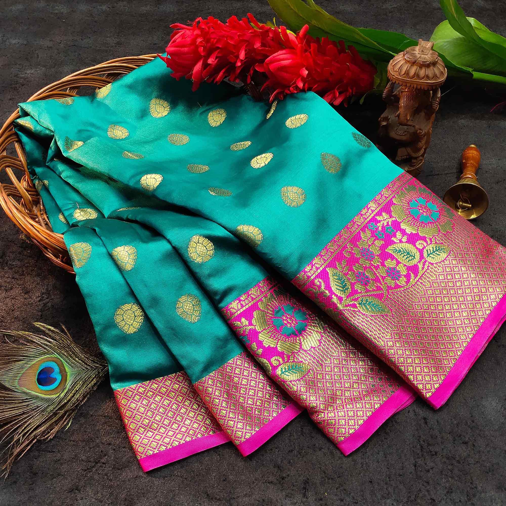 Intricate Blue Colored Festive Wear Woven Kanjivaram Silk Saree - Peachmode
