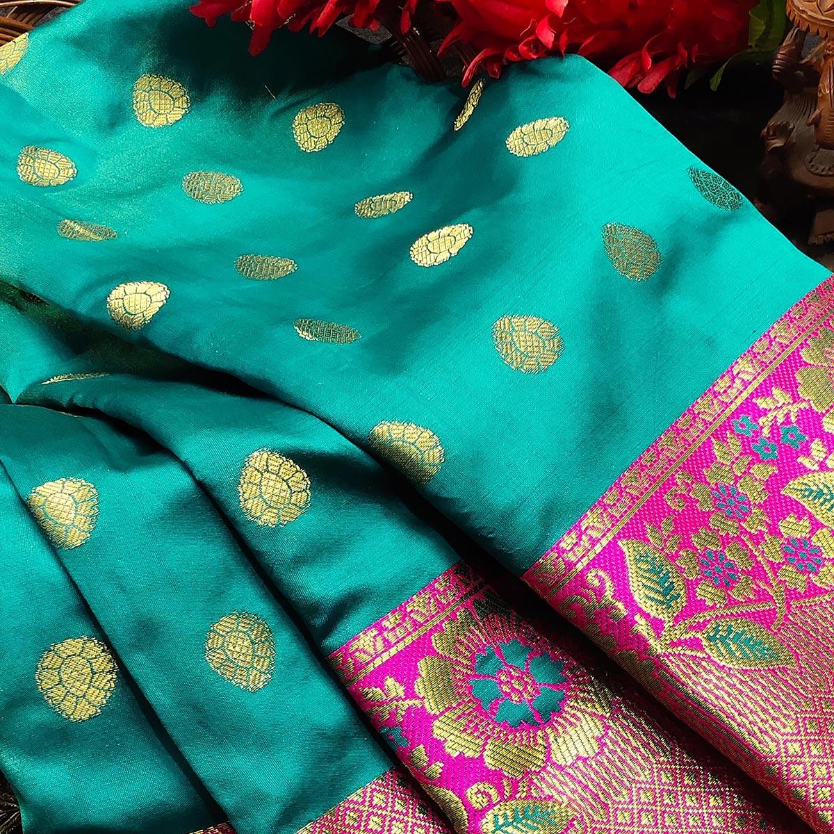 Intricate Blue Colored Festive Wear Woven Kanjivaram Silk Saree - Peachmode