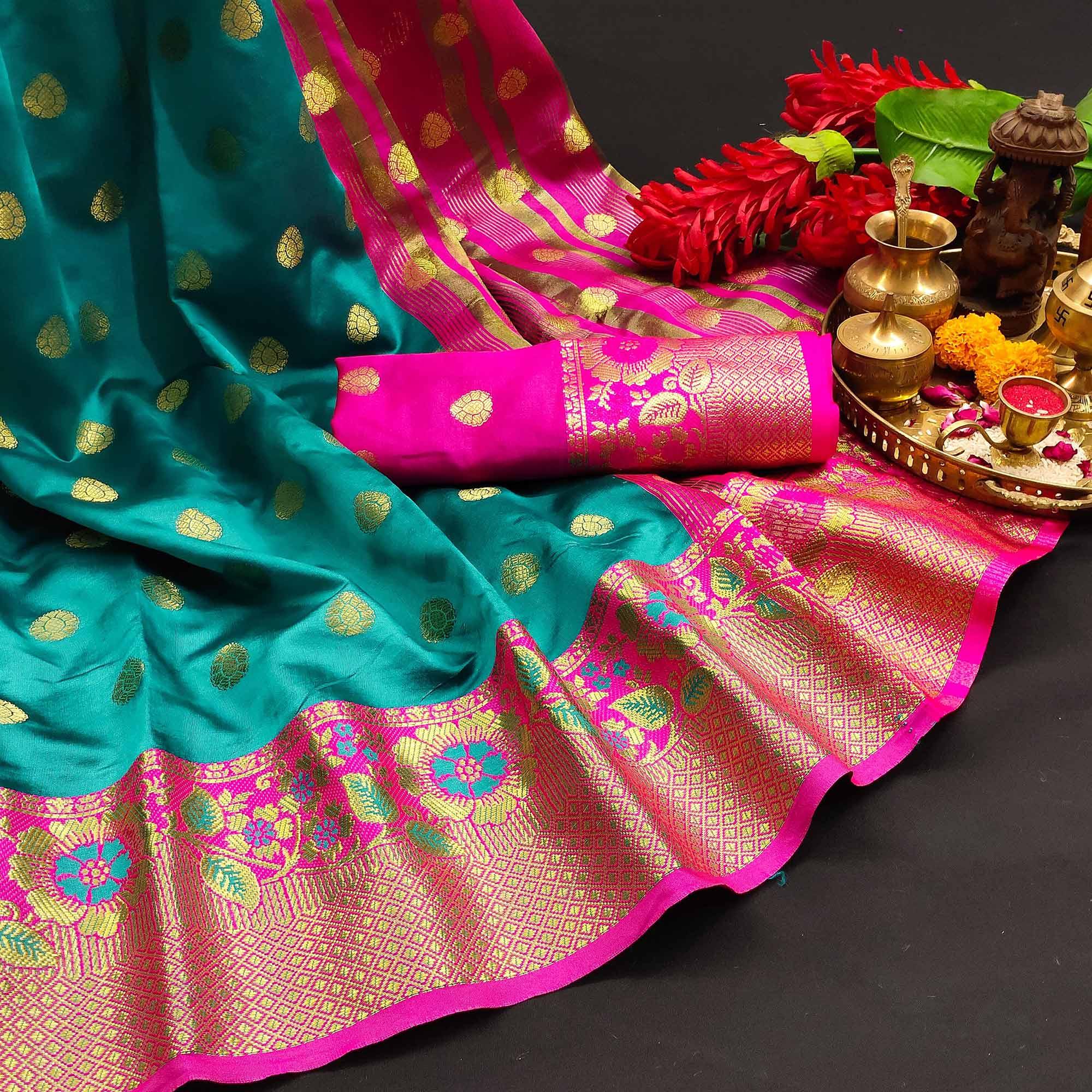 Intricate Blue Colored Festive Wear Woven Kanjivaram Silk Saree - Peachmode