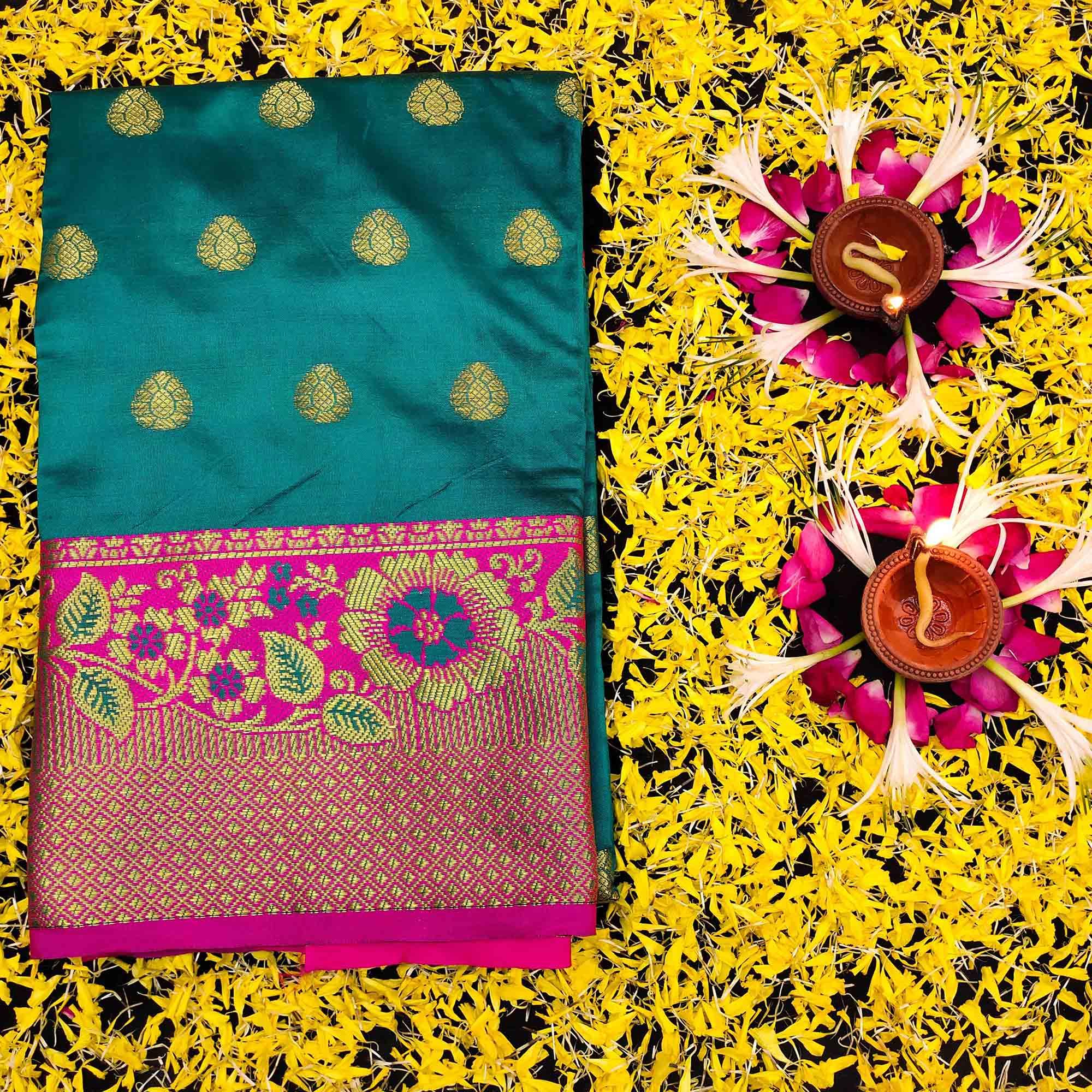 Intricate Blue Colored Festive Wear Woven Kanjivaram Silk Saree - Peachmode