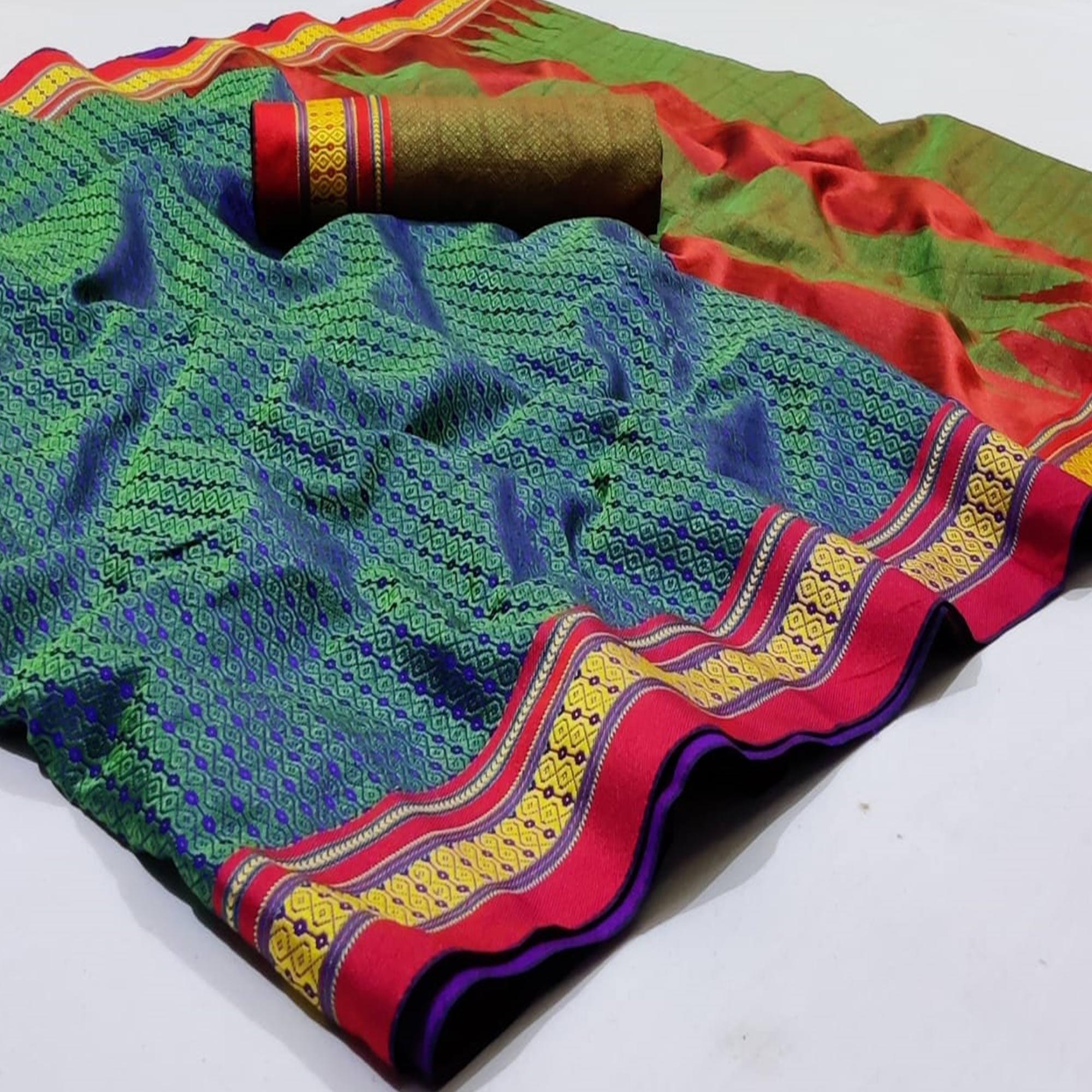 Intricate Blue Colored Festive Wear Woven Silk Saree - Peachmode