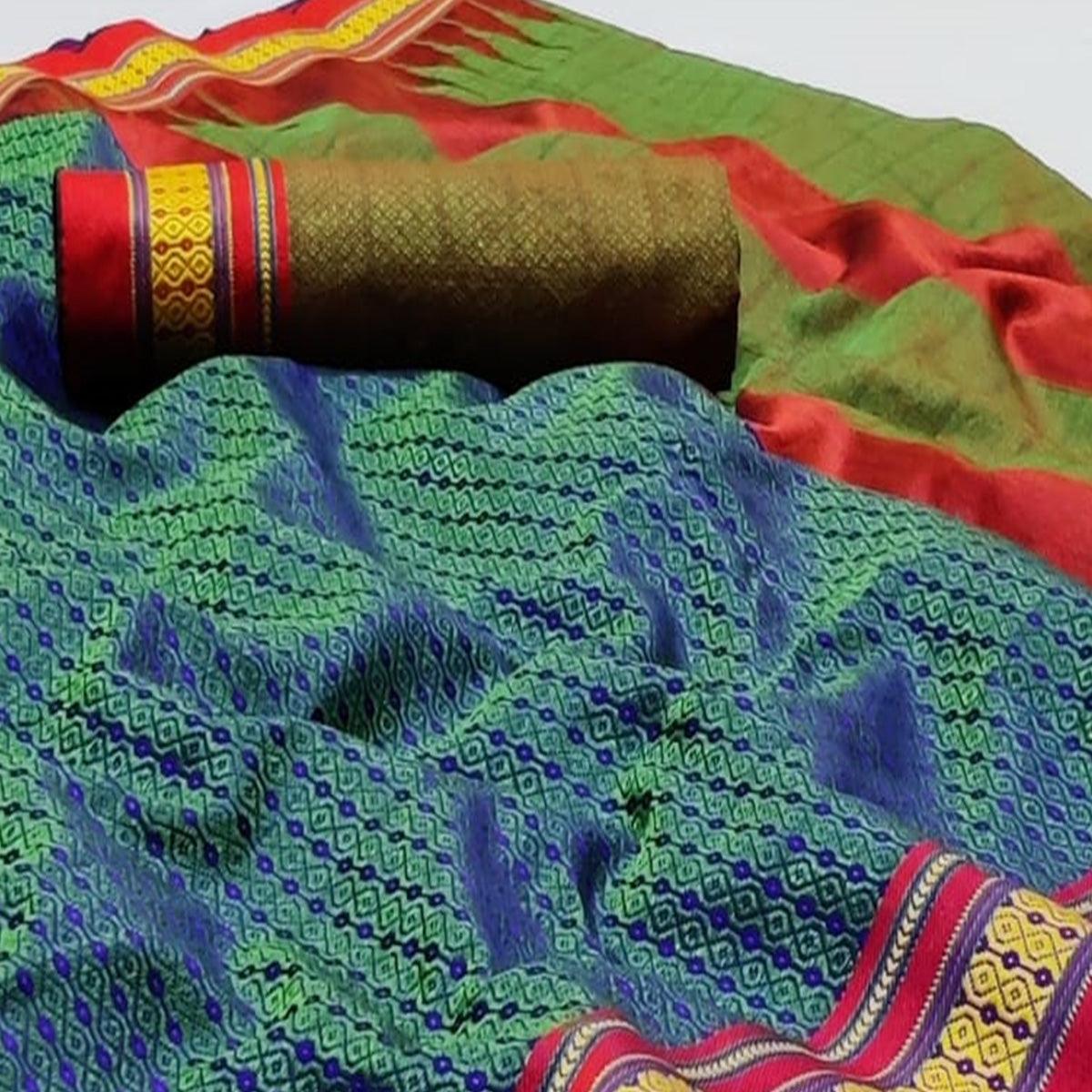 Intricate Blue Colored Festive Wear Woven Silk Saree - Peachmode