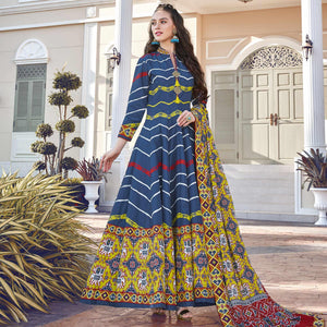 Intricate Blue Colored Partywear Designer Digital Patola Print Killer Silk Anarkali Suit - Peachmode