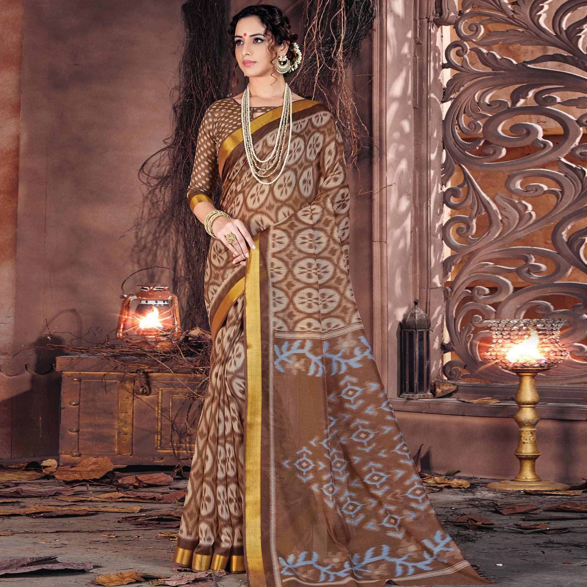 Intricate Brown Colored Casual Wear Printed Cotton Saree - Peachmode