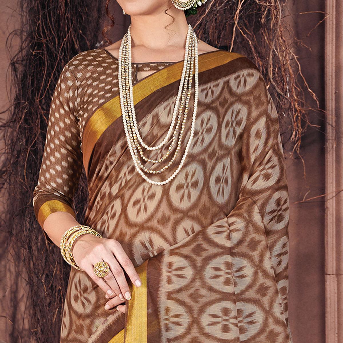 Intricate Brown Colored Casual Wear Printed Cotton Saree - Peachmode