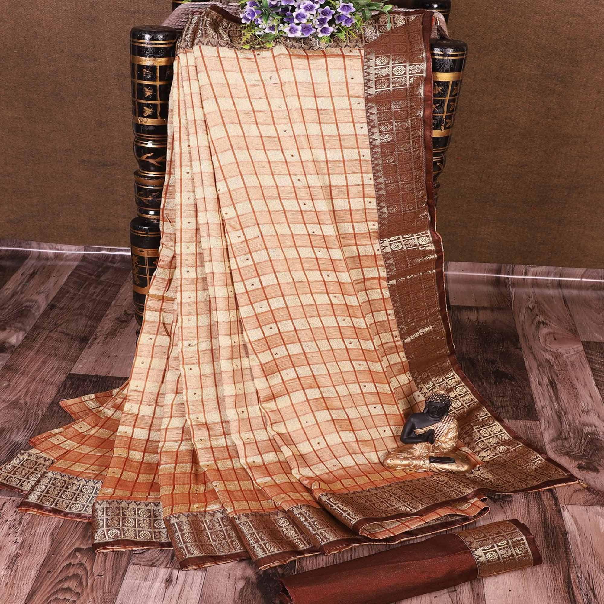 Intricate Brown Colored Festive Wear Woven Banarasi Silk Saree - Peachmode